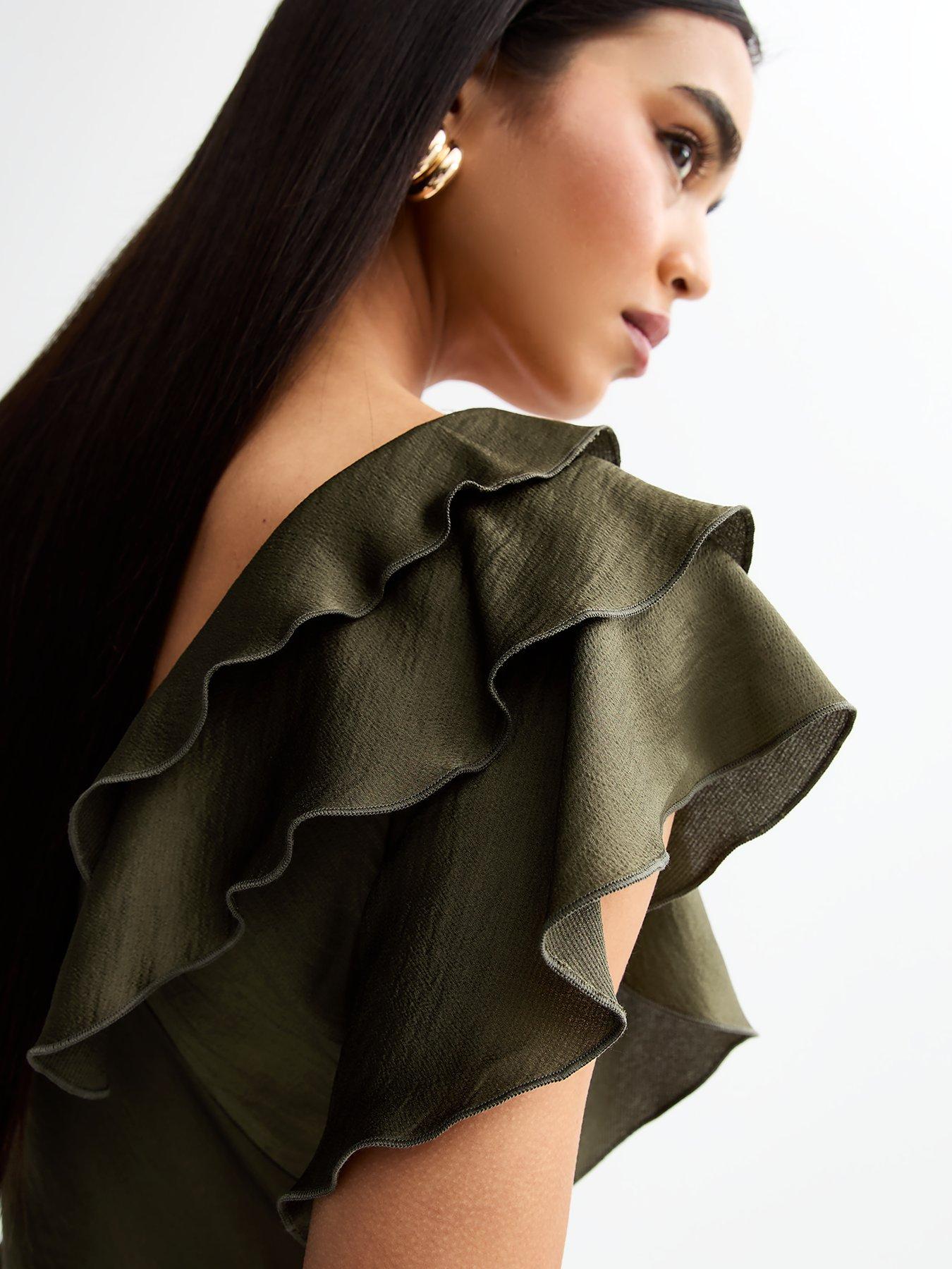  image of new-look-khaki-crinkled-satin-ruffled-midi-dress