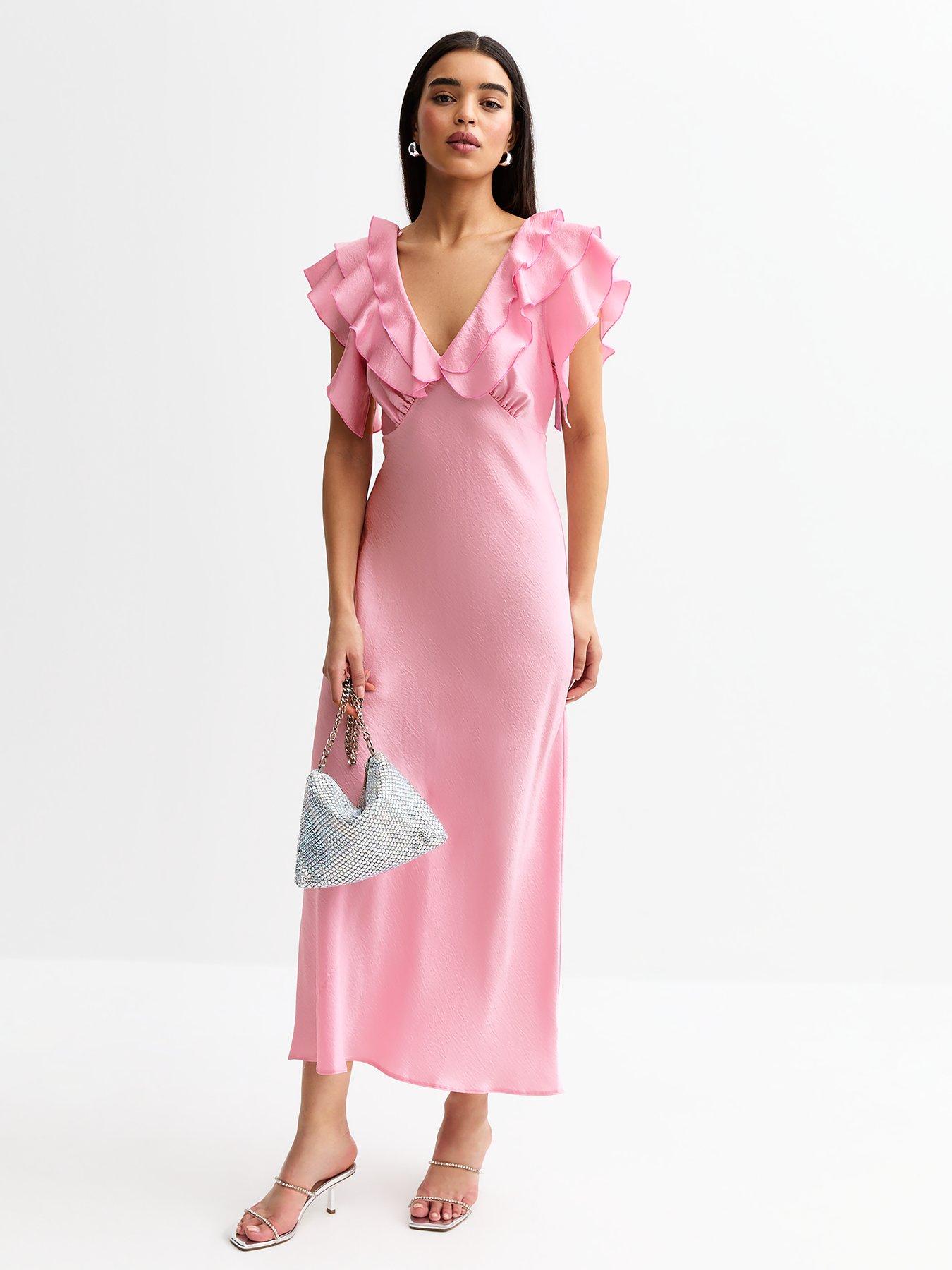 undefined Pink Crinkled Satin Ruffled Midi Dress