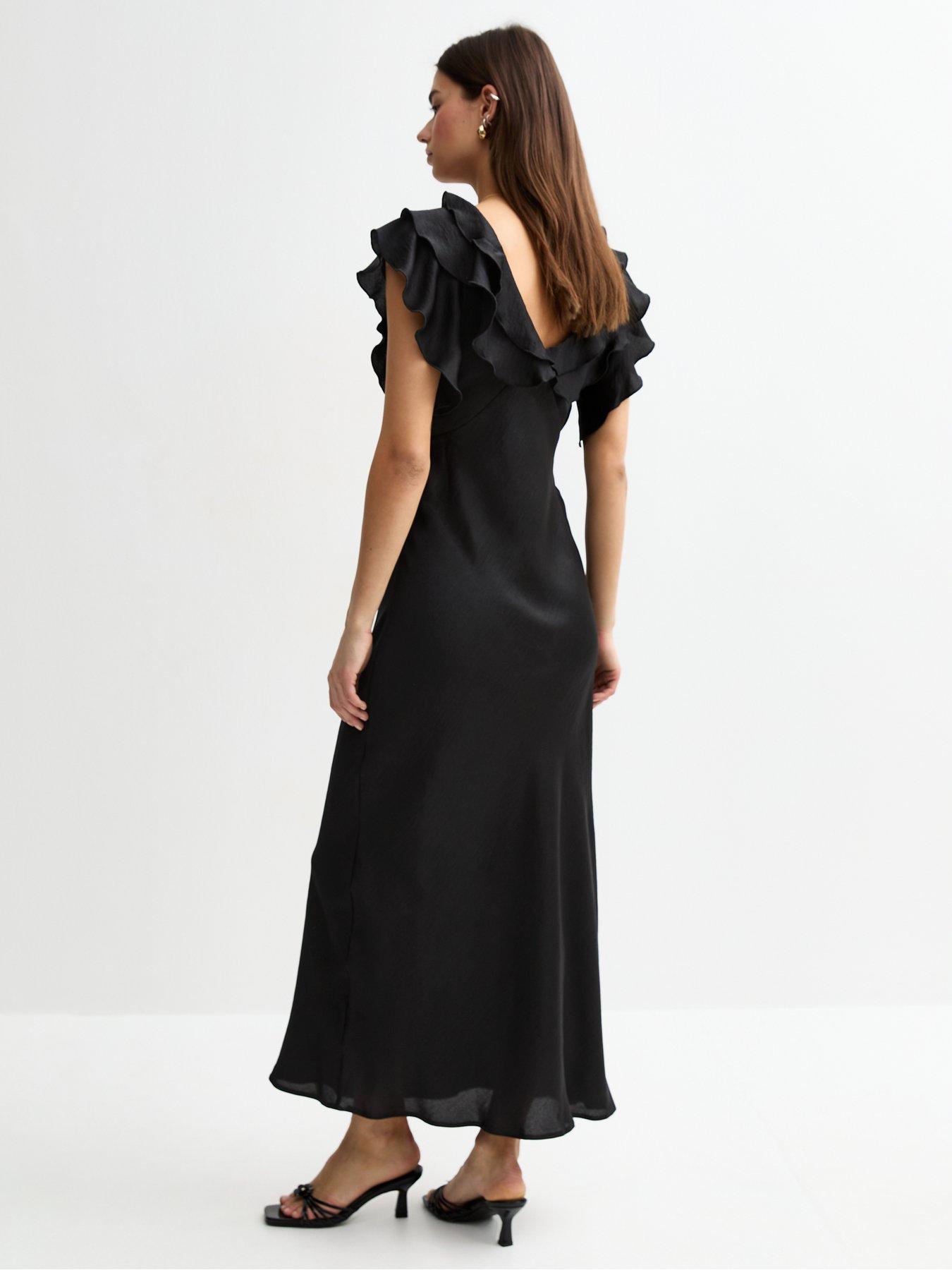  image of new-look-black-crinkled-satin-ruffled-midi-dress