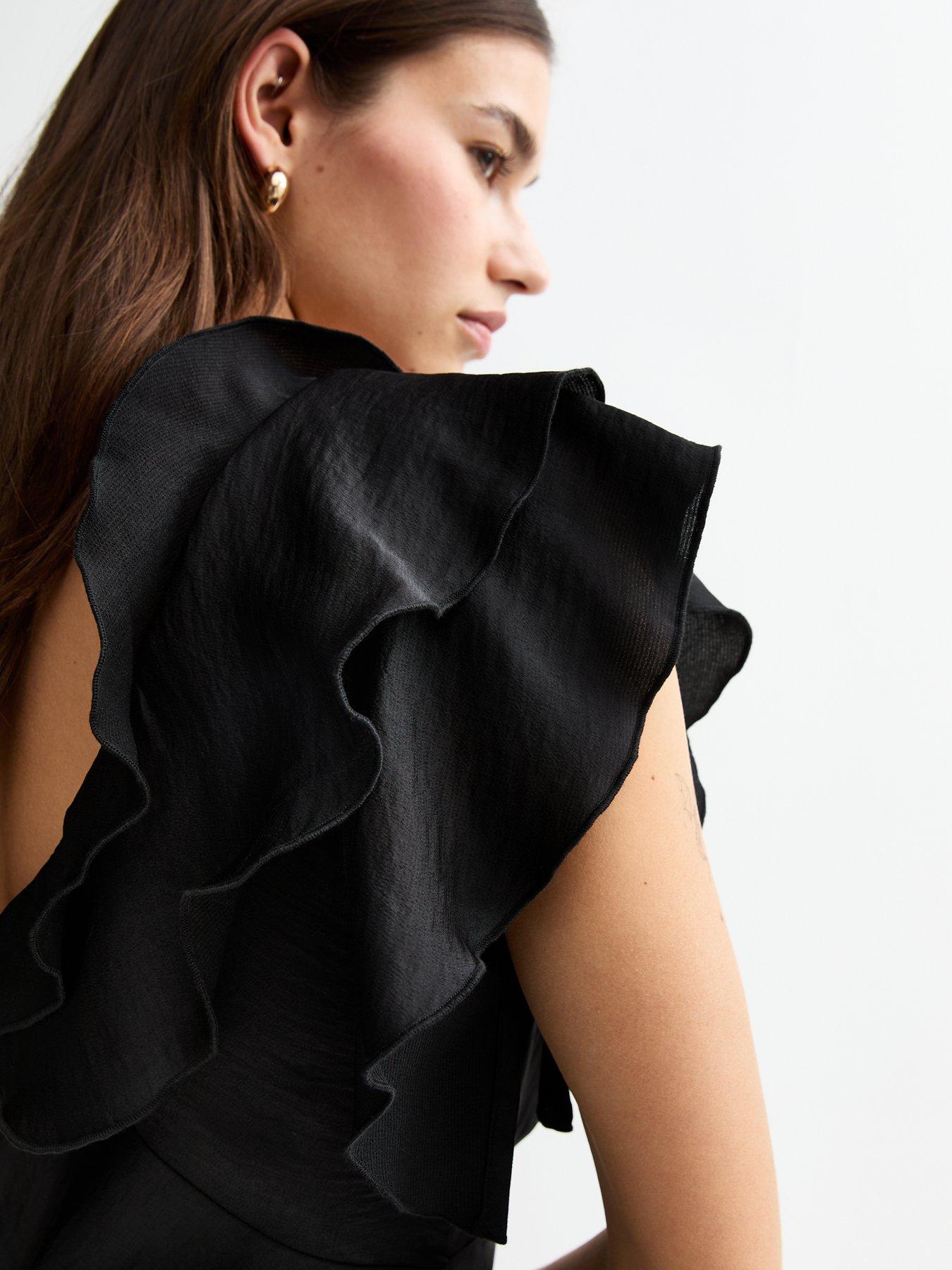  image of new-look-black-crinkled-satin-ruffled-midi-dress