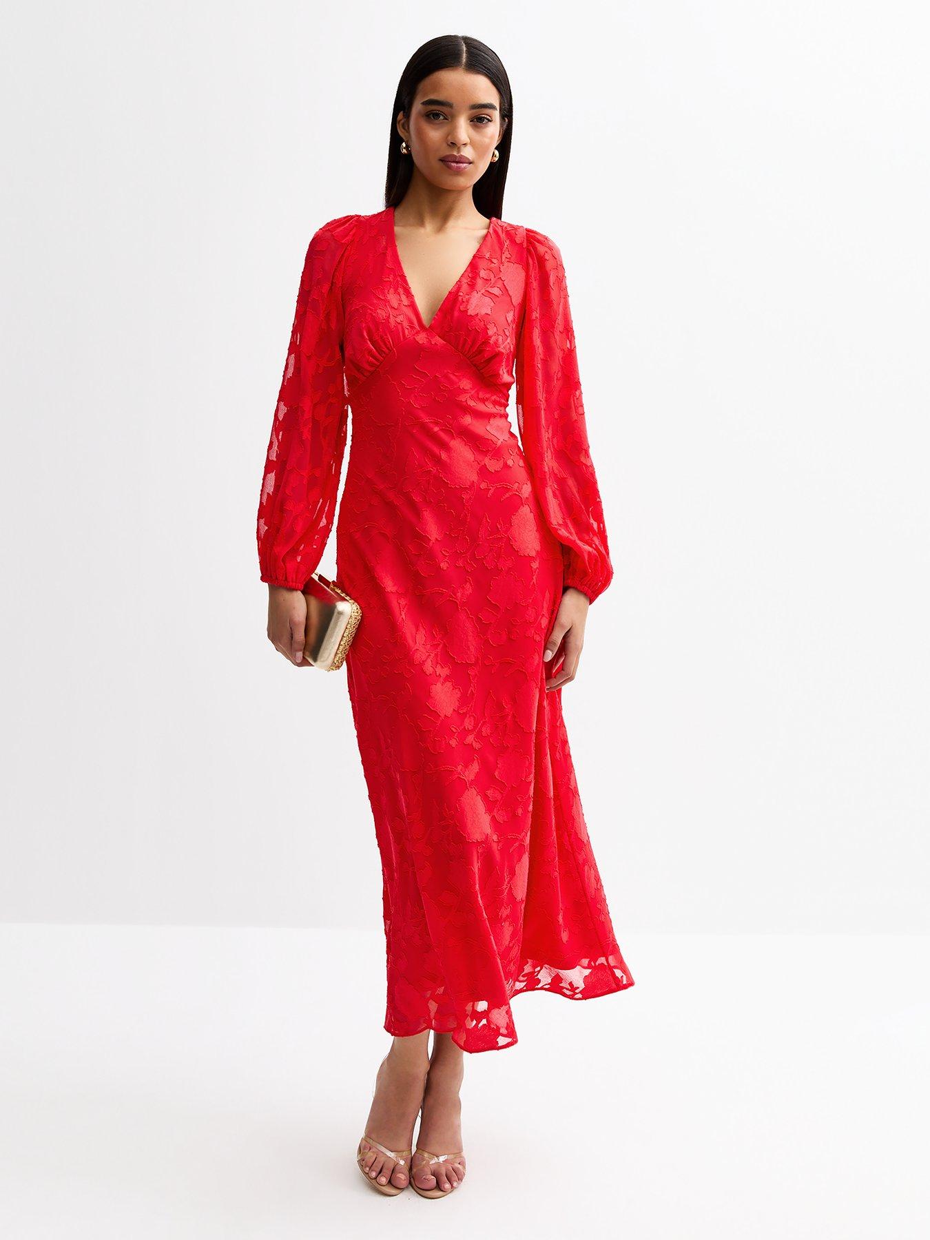 undefined Red Floral Patterned Long Sleeve Midi Dress