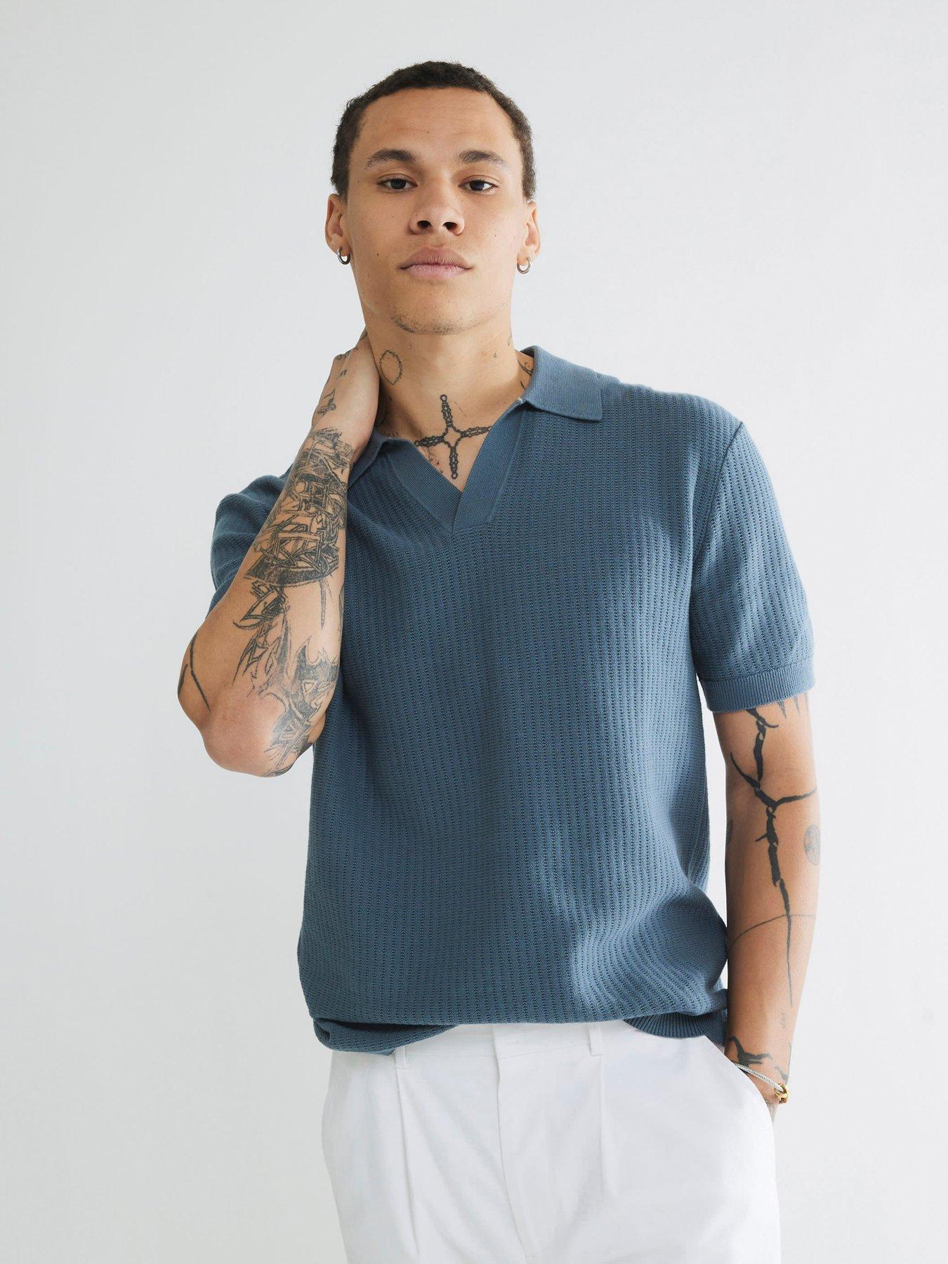 undefined Short Sleeve Open Collar Knitted Polo Shirt - Blue