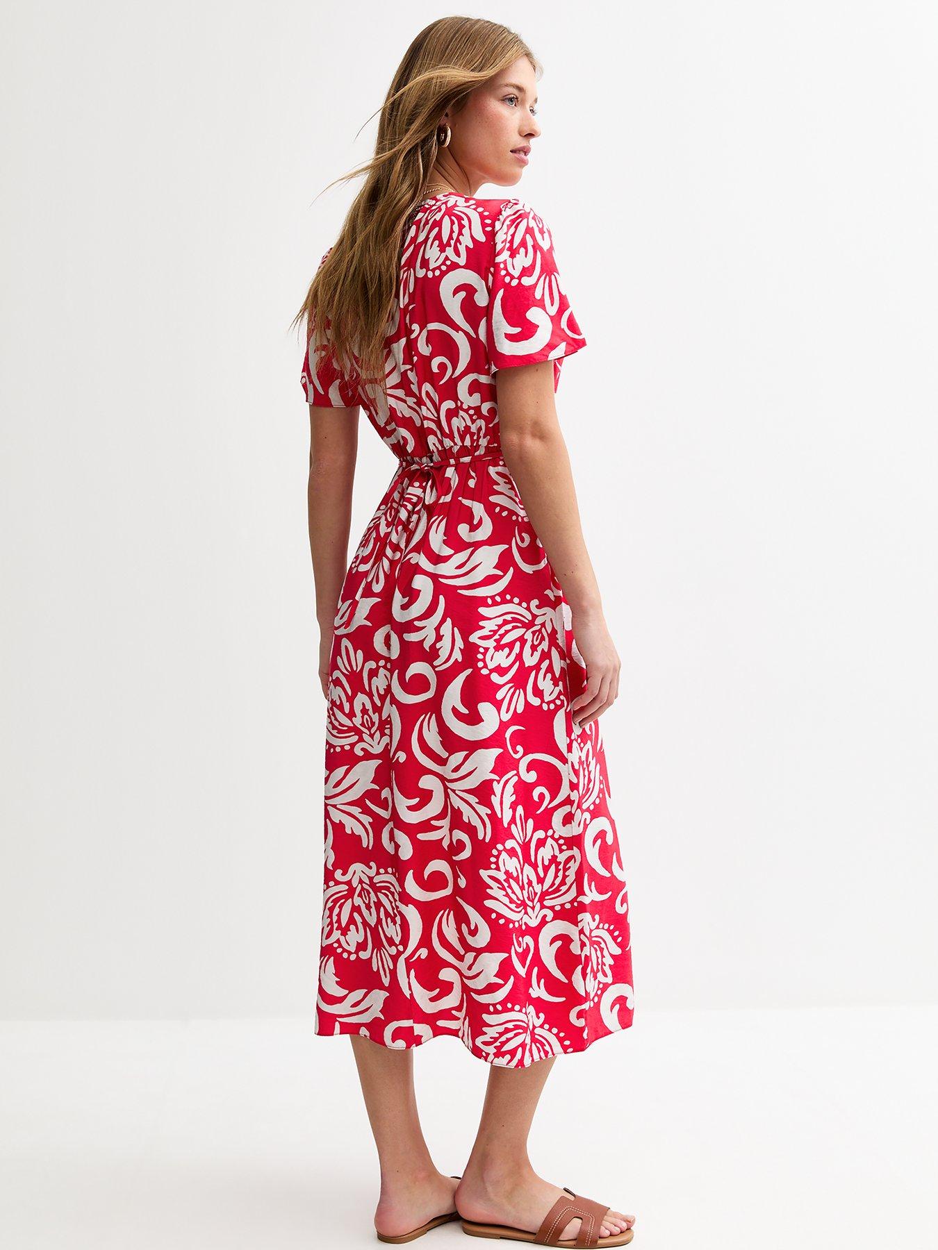 Image 2 of 4 of New Look Pattern Print Buttoned Midi Dress - Red