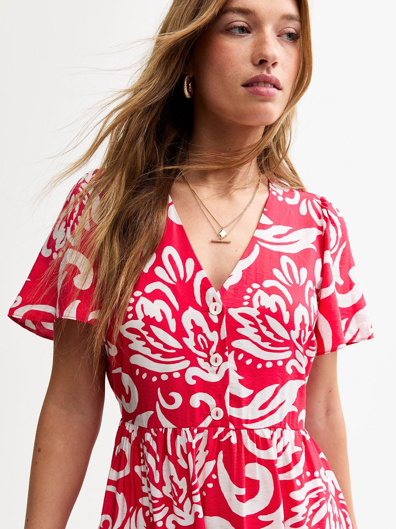 Image 4 of 4 of New Look Pattern Print Buttoned Midi Dress - Red