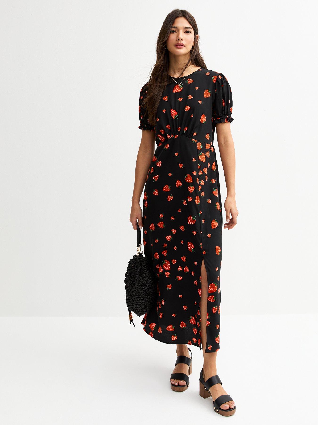new-look-black-strawberry-print-short-sleeve-midi-dress