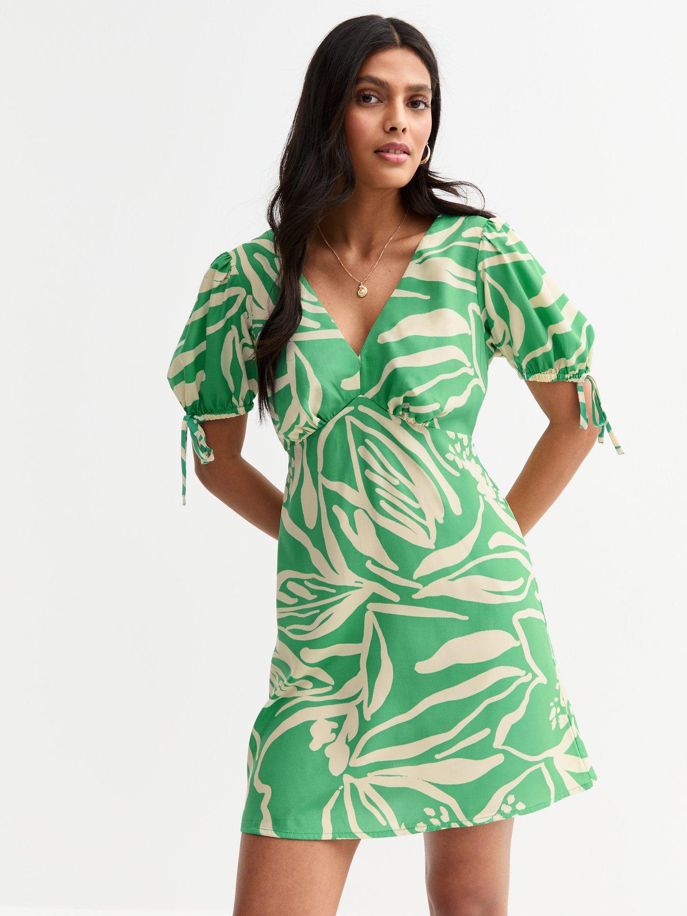undefined Green Leaf Print Tie Sleeve Mini Dress