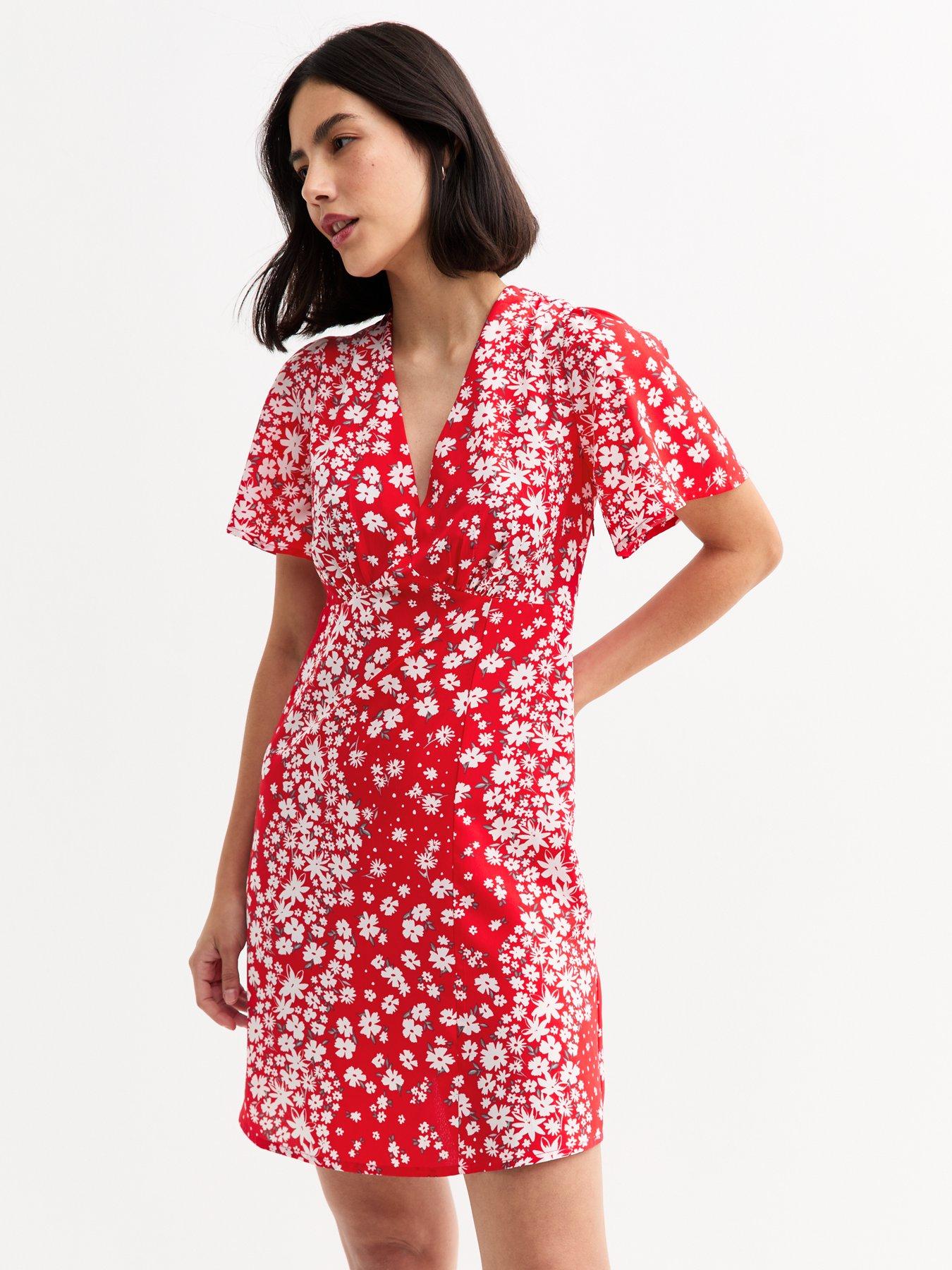 undefined Red Floral Print Flutter Sleeve Mini Dress