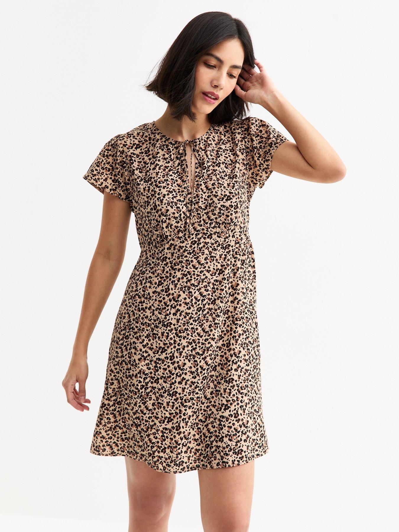 new-look-brown-leopard-print-tie-neck-mini-dress