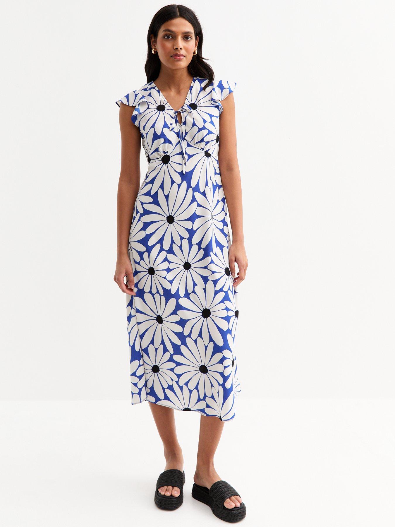  image of new-look-blue-floral-print-v-neck-midi-dress