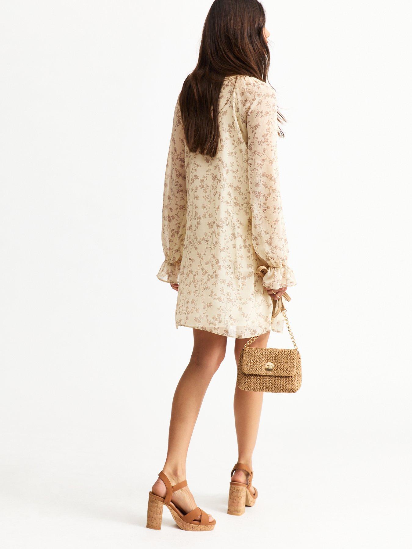  image of new-look-floral-print-frilly-trim-chiffon-mini-dress-cream
