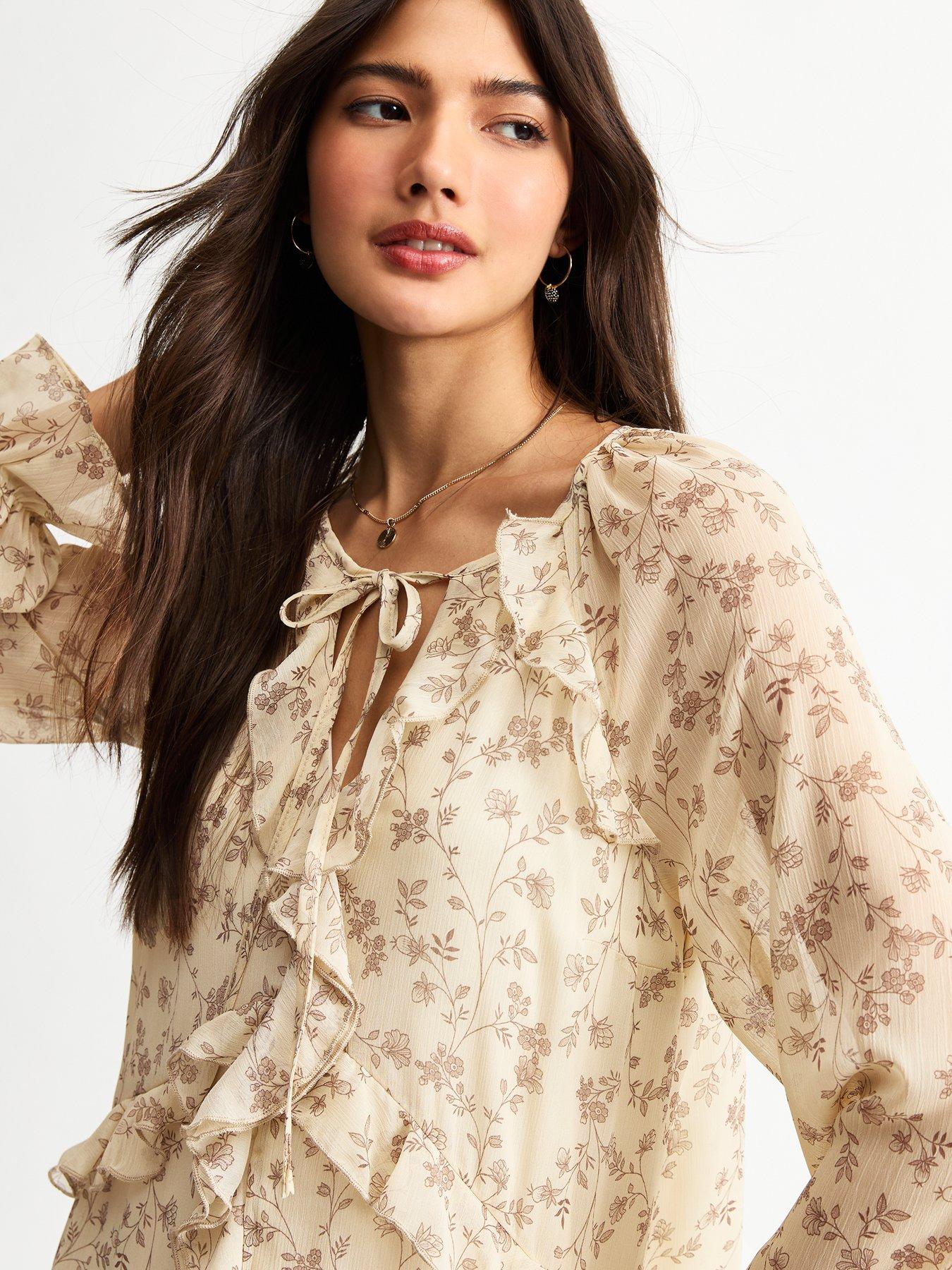  image of new-look-floral-print-frilly-trim-chiffon-mini-dress-cream