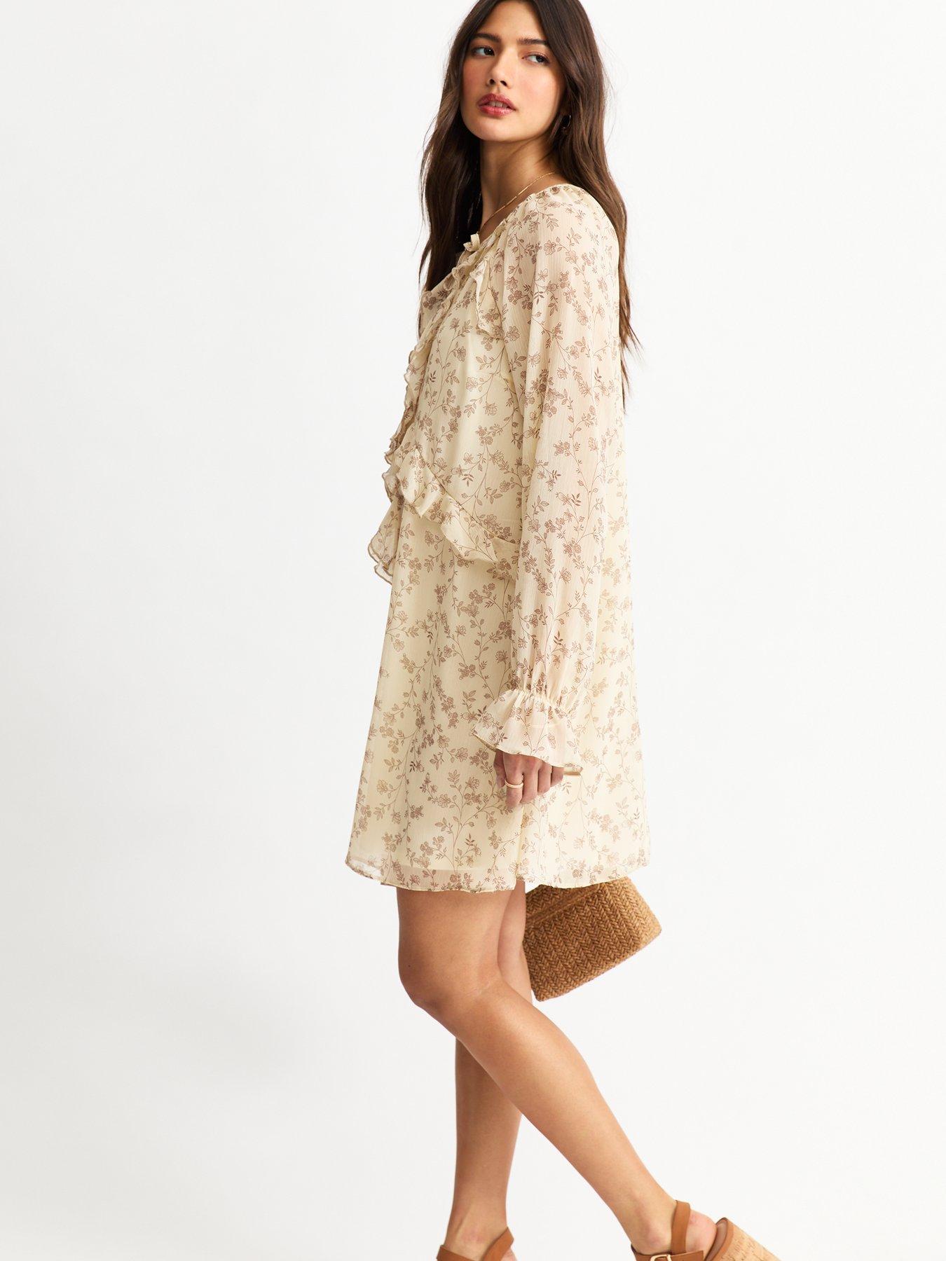  image of new-look-floral-print-frilly-trim-chiffon-mini-dress-cream