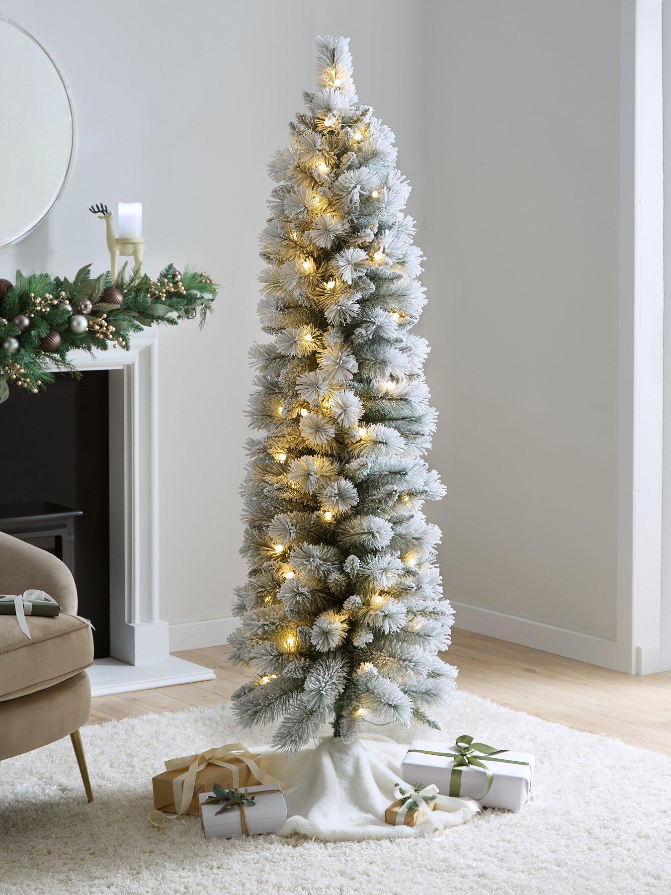 undefined 6ft Prelit Flocked Pencil Tree with Dual Colour Multifunction Twinkling Lights