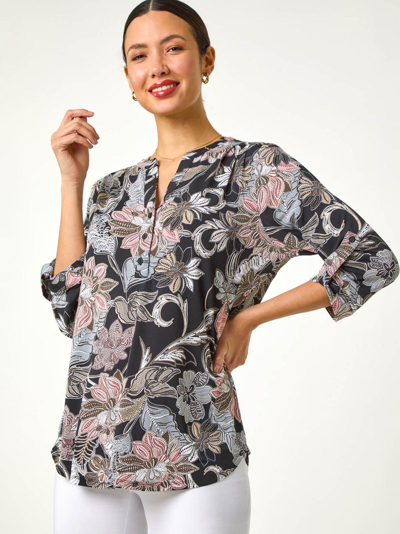 front image of roman-floral-print-pleated-shirt-pink
