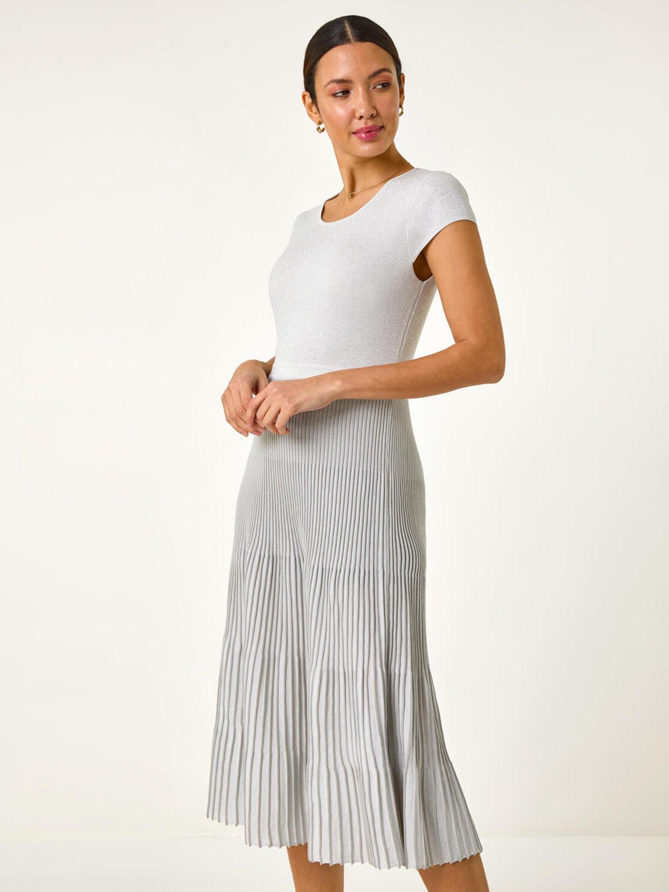 Image 3 of 5 of Roman Shimmer Knit Pleated Dress - Grey