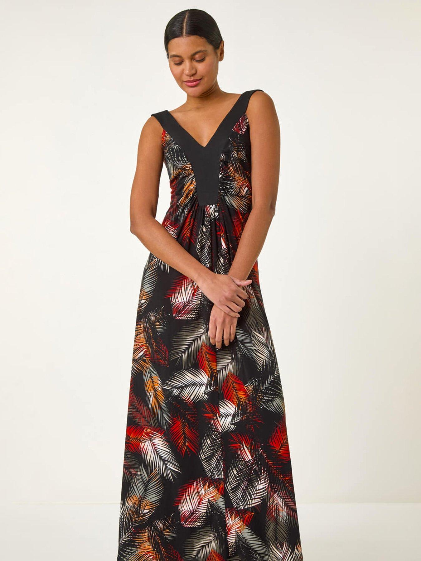 Image 3 of 5 of Roman Palm Print Contrast Band Maxi Dress - Orange