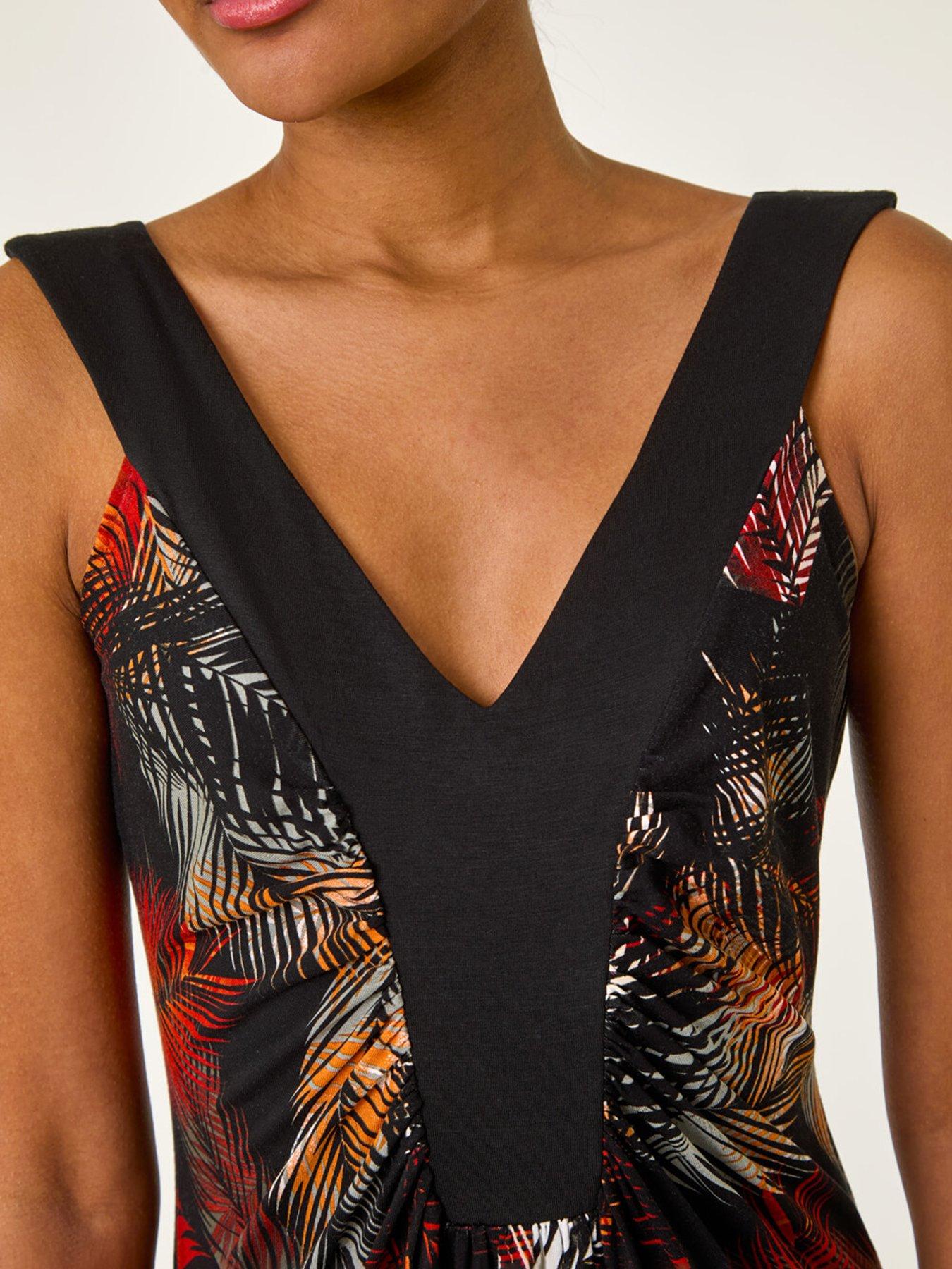 Image 5 of 5 of Roman Palm Print Contrast Band Maxi Dress - Orange