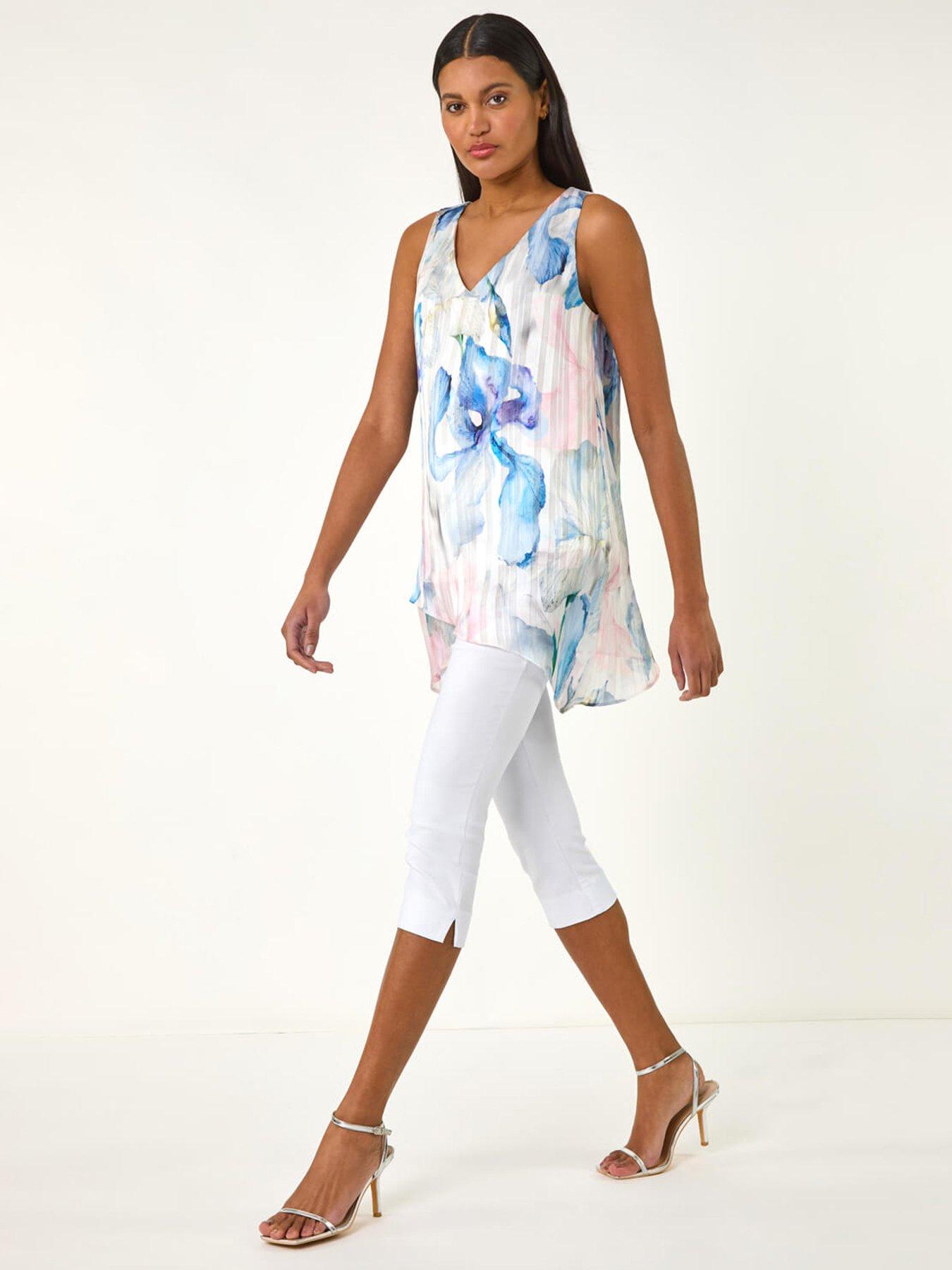  image of roman-floral-print-layered-tunic-top-blue