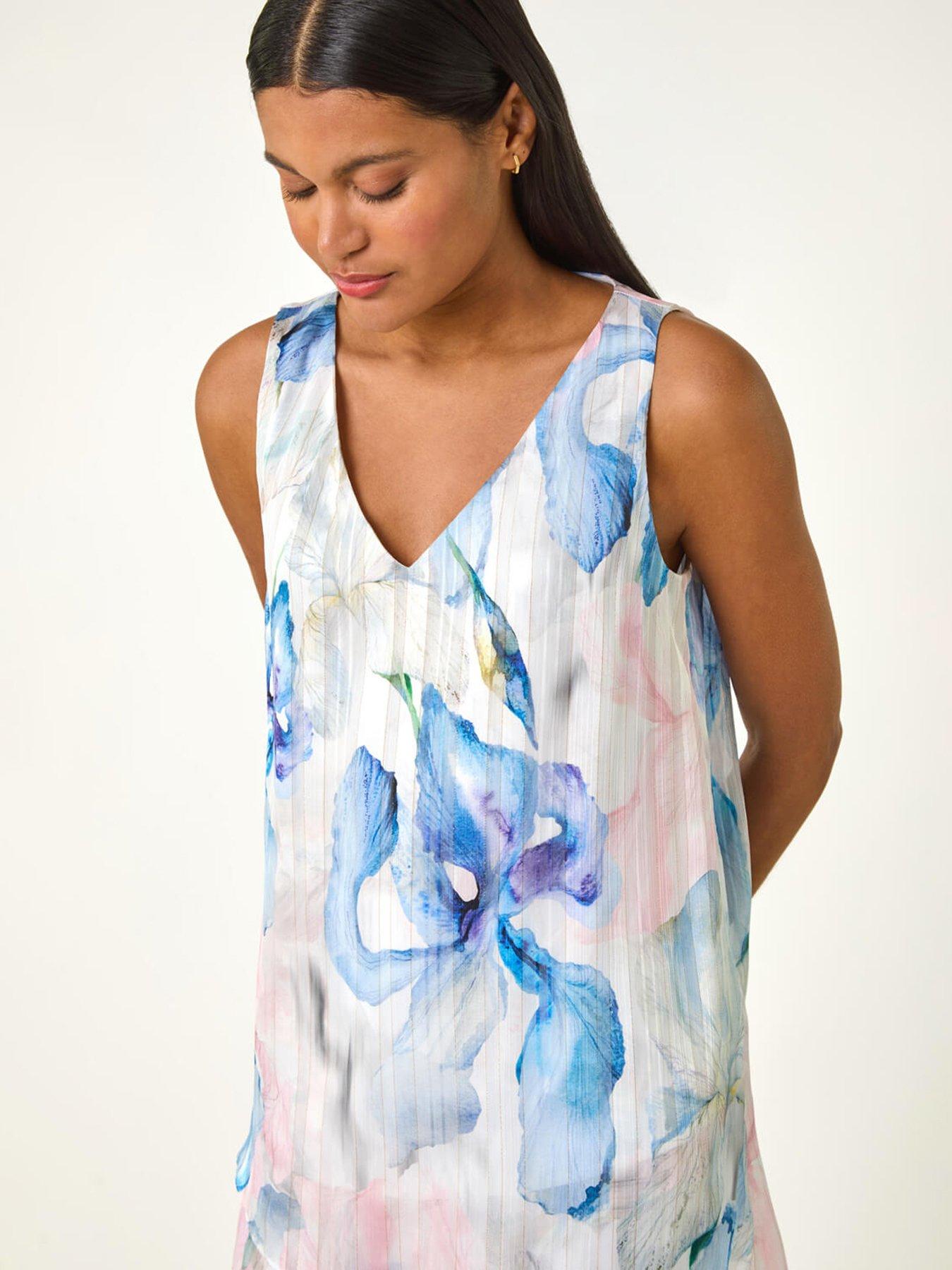  image of roman-floral-print-layered-tunic-top-blue