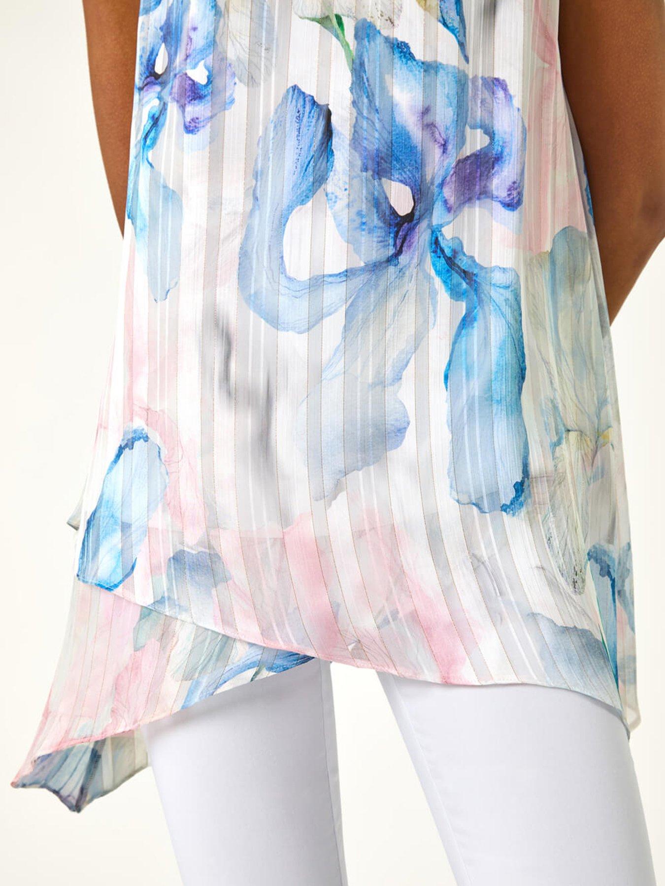  image of roman-floral-print-layered-tunic-top-blue