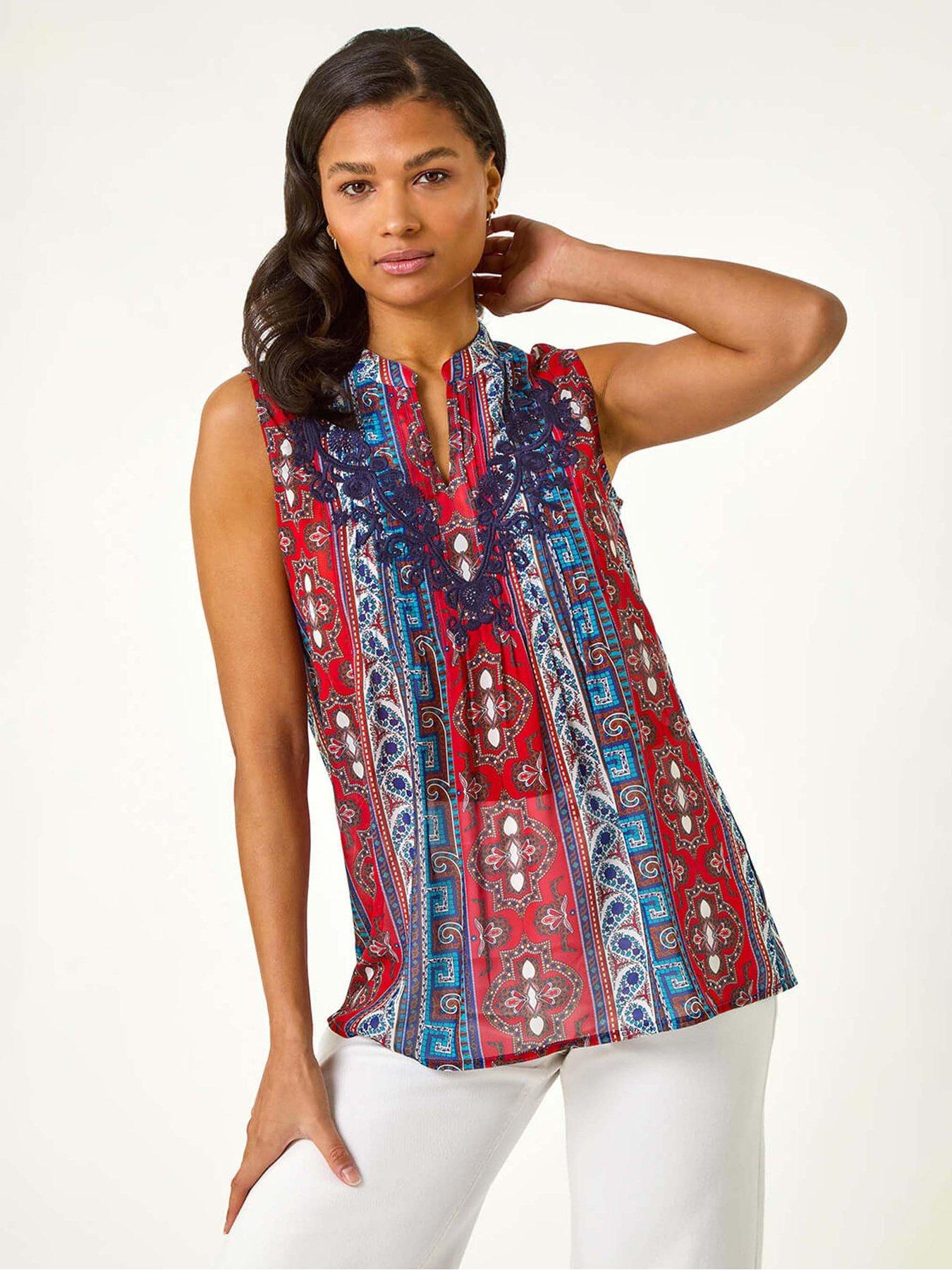 Roman Embroidered Abstract Print V-neck Top - Red