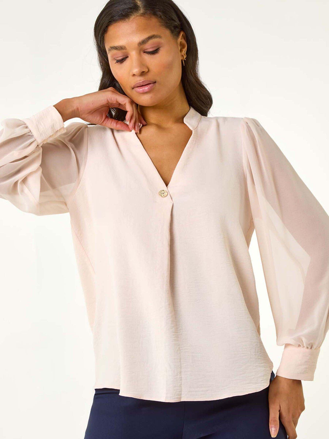 undefined Chiffon Sleeve V-neck Pleated Top - Pink