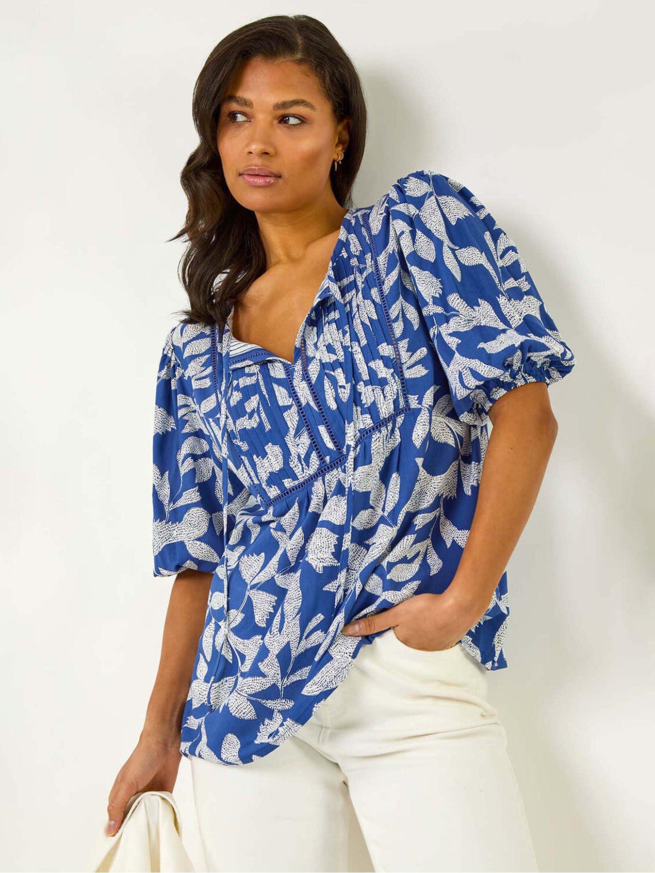 front image of roman-leaf-print-tie-neck-pleated-top-blue