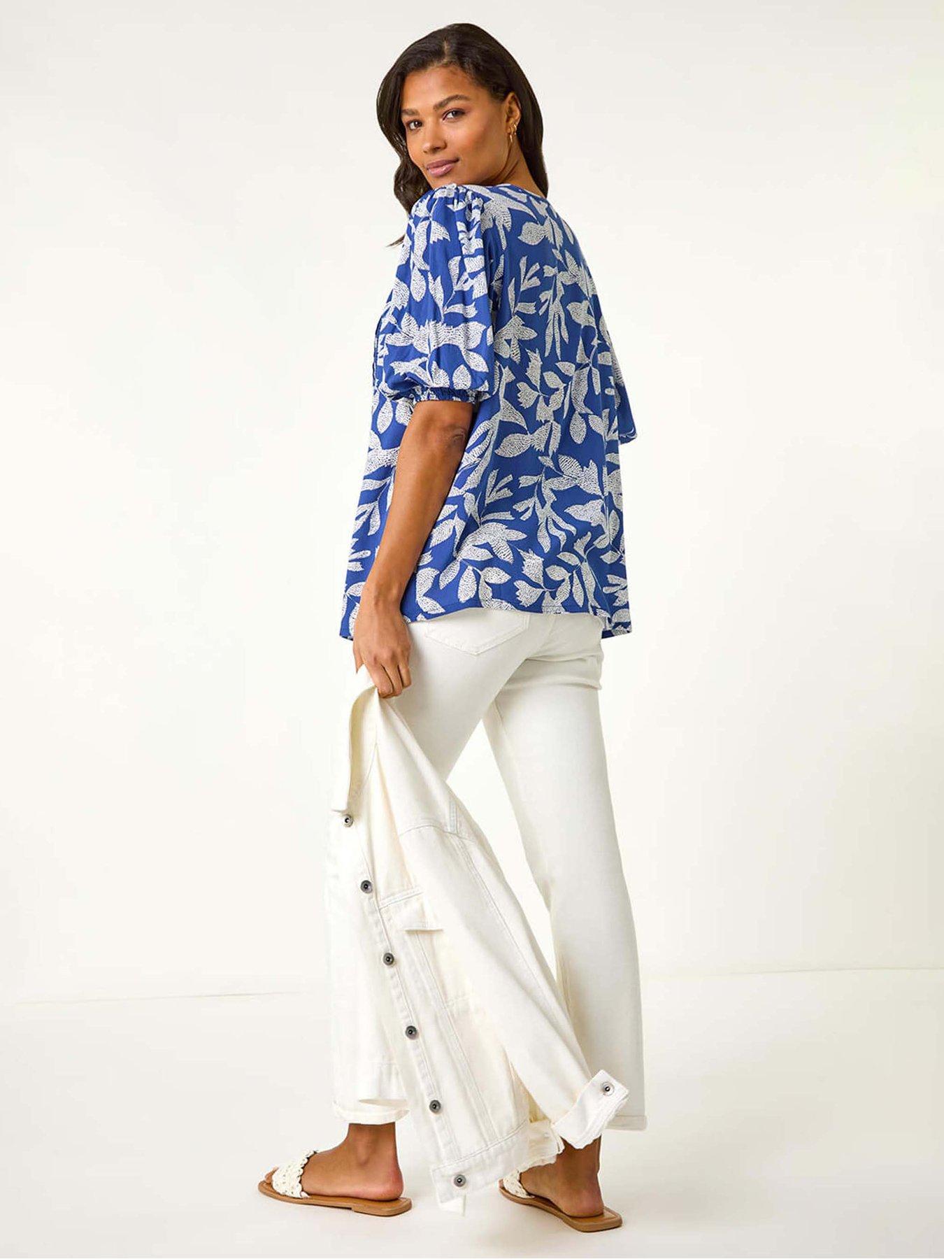 stillFront image of roman-leaf-print-tie-neck-pleated-top-blue