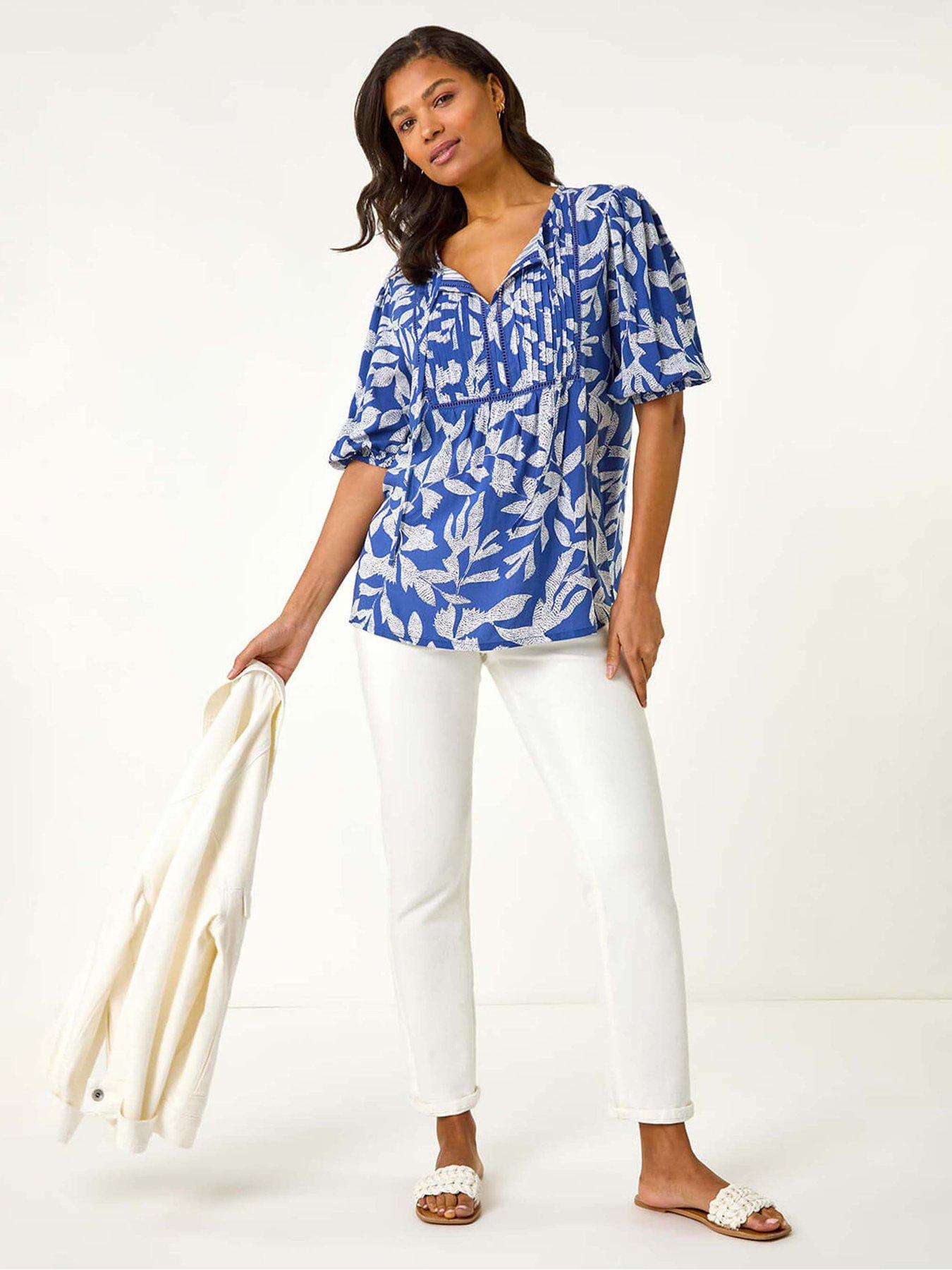  image of roman-leaf-print-tie-neck-pleated-top-blue