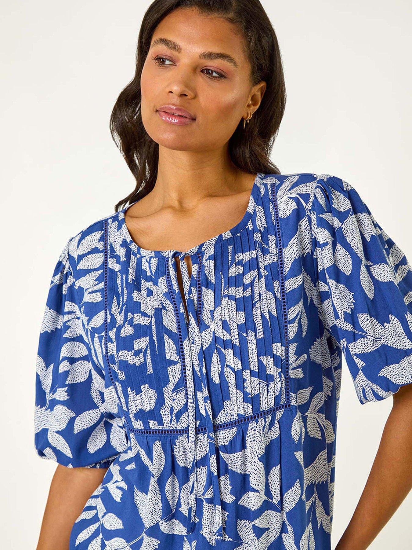  image of roman-leaf-print-tie-neck-pleated-top-blue