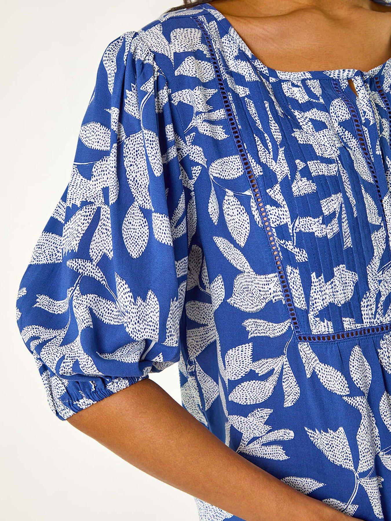  image of roman-leaf-print-tie-neck-pleated-top-blue