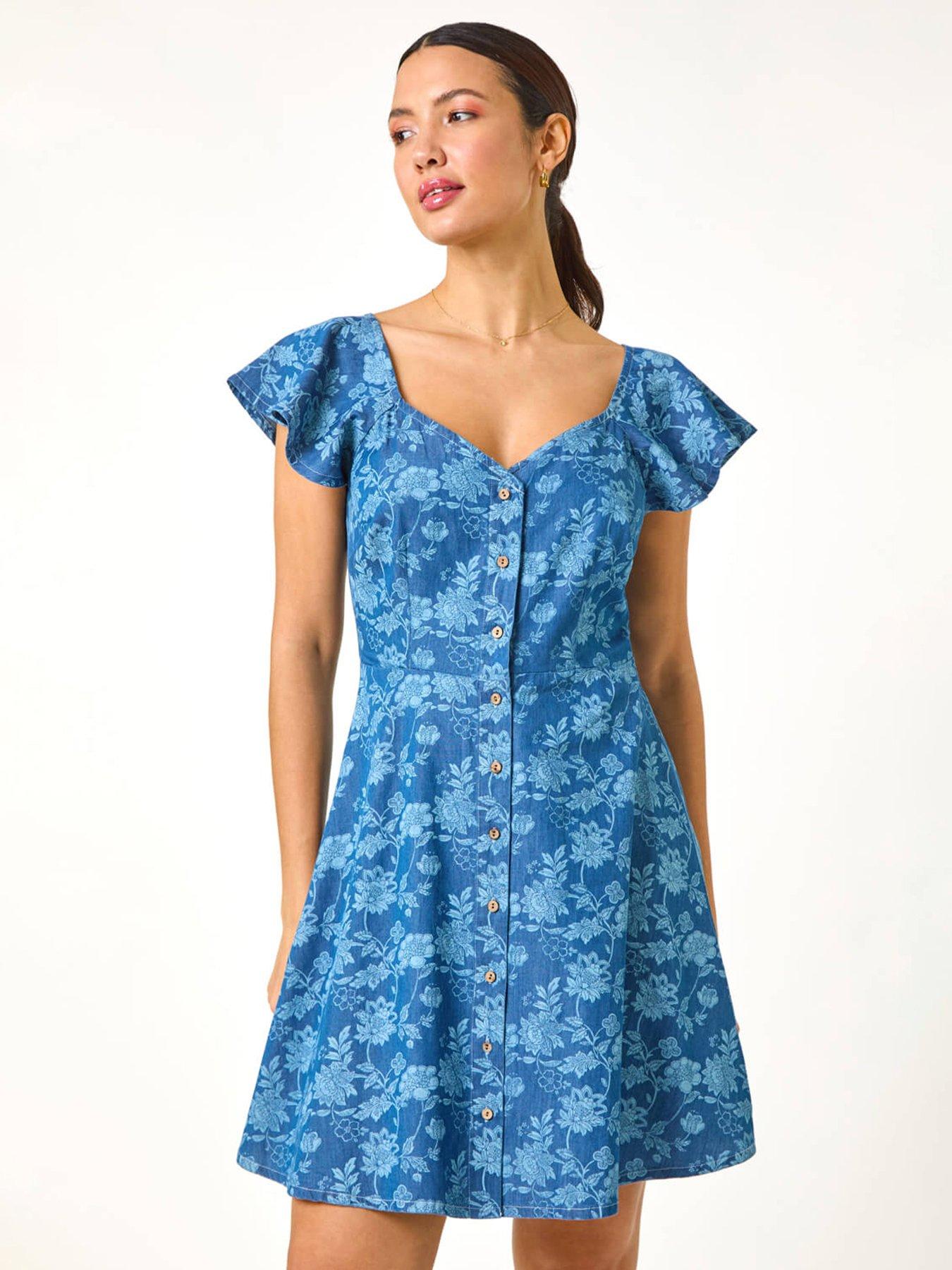 undefined Denim Print Buttoned Mini Dress - Blue