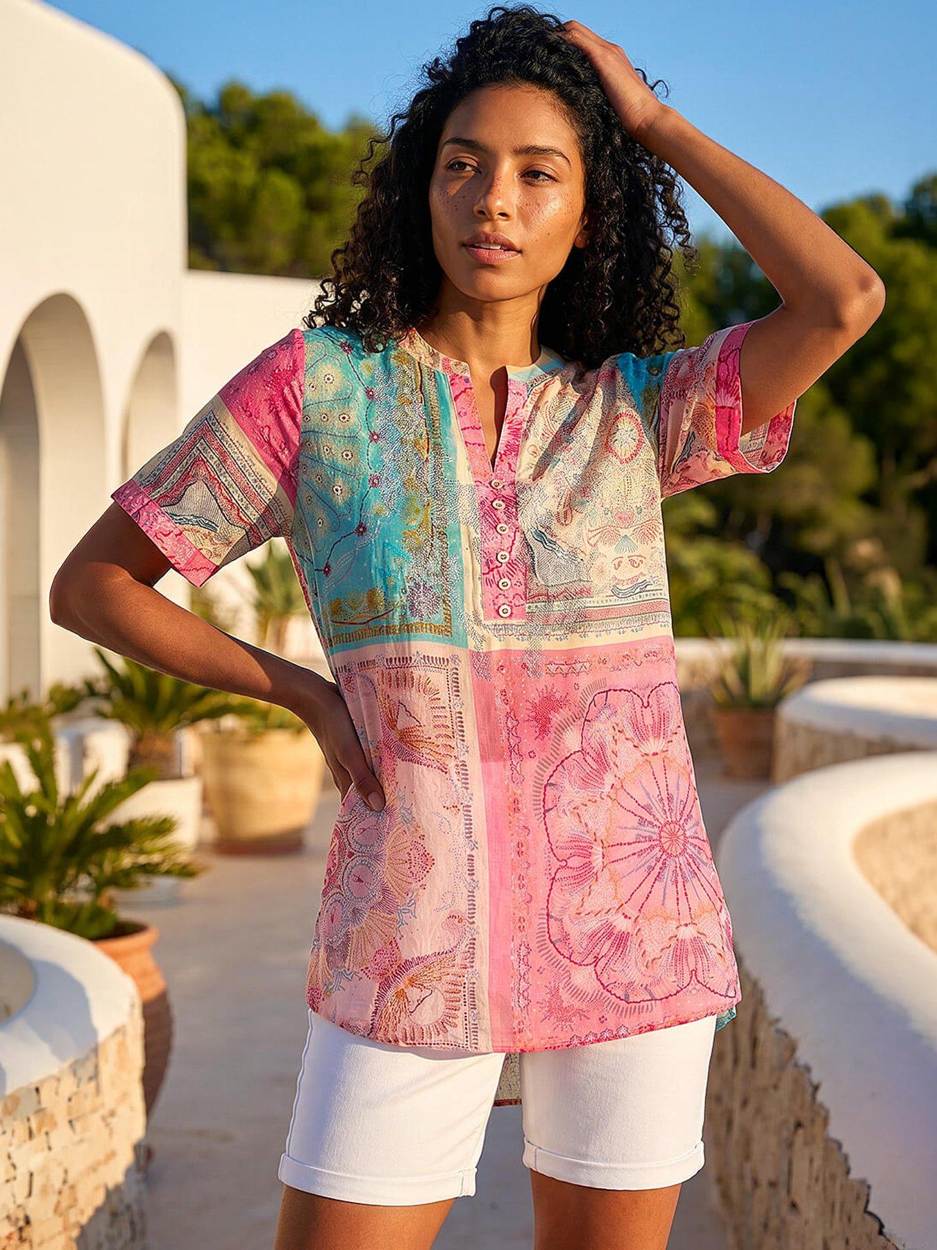 Roman Scarf Print Hotfix Buttoned Top - Pink