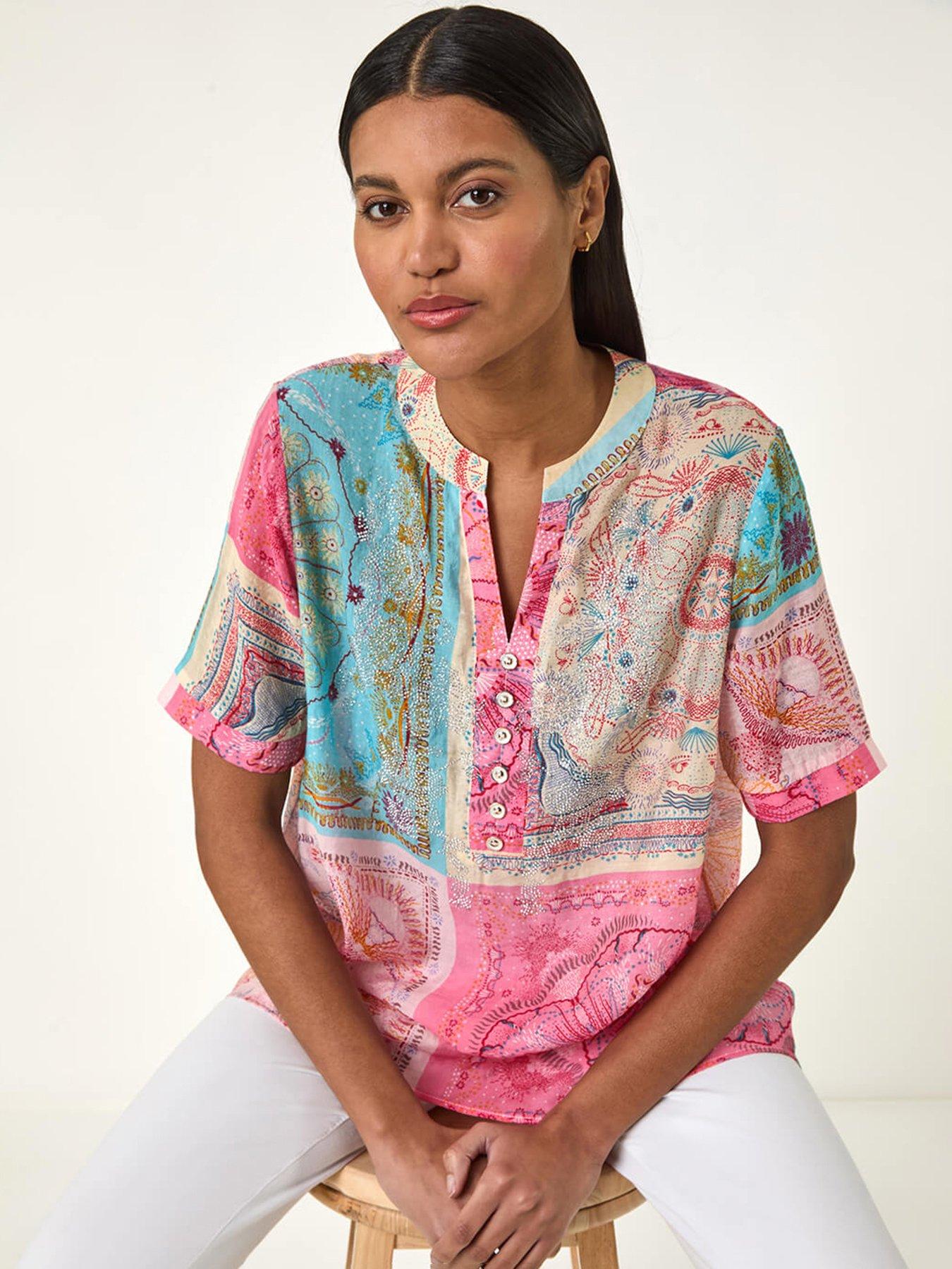 undefined Scarf Print Hotfix Buttoned Top - Pink