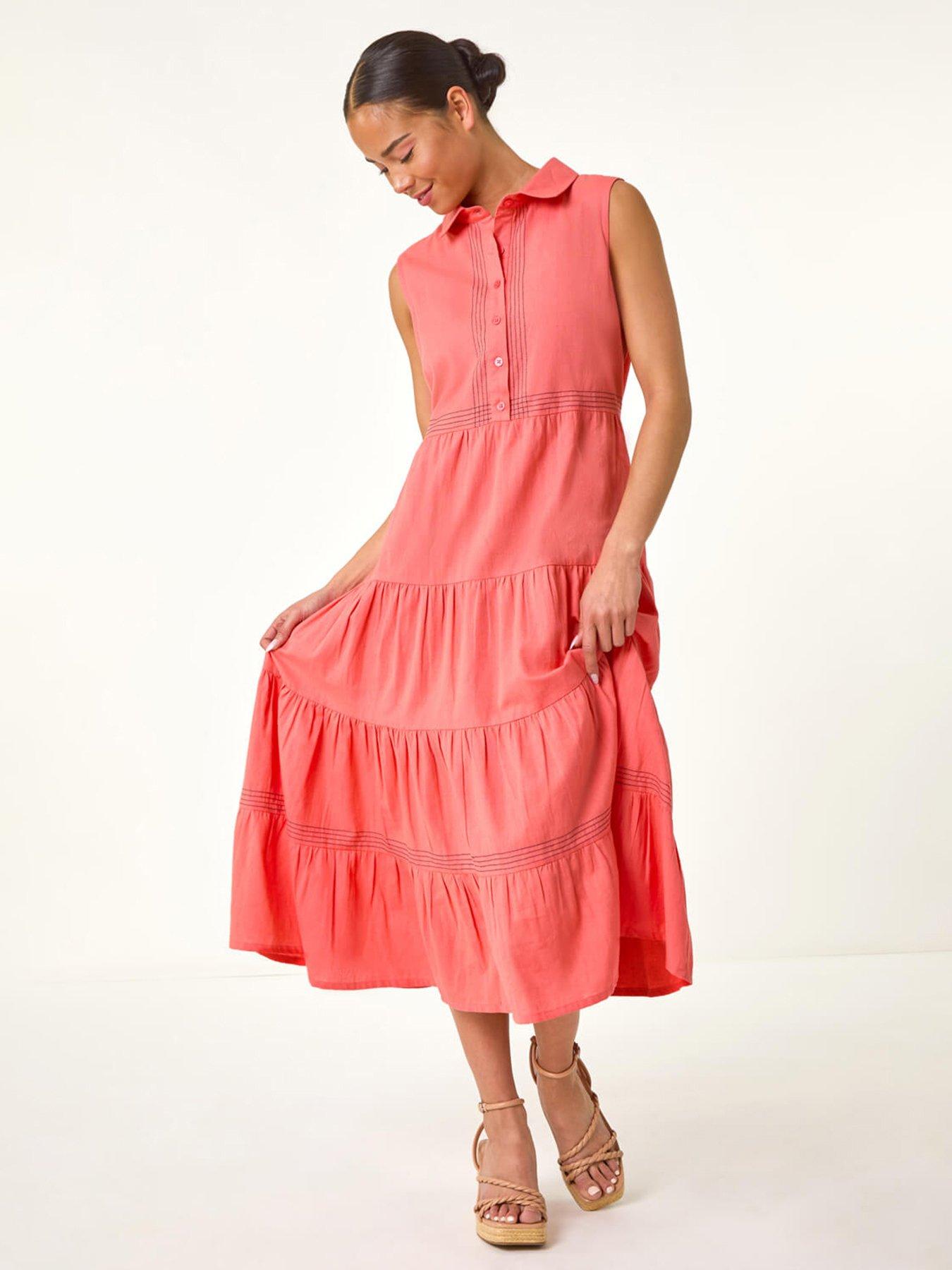  image of roman-petite-cotton-pocket-tiered-midi-dress-pink