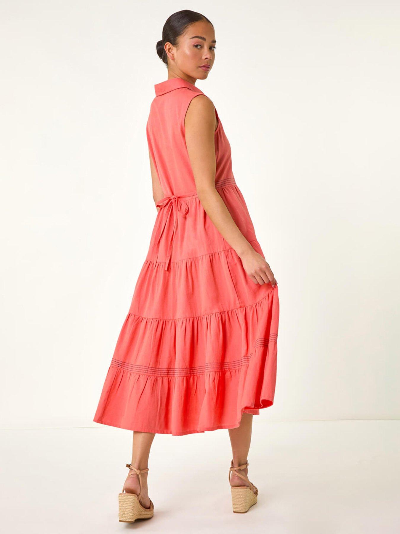  image of roman-petite-cotton-pocket-tiered-midi-dress-pink