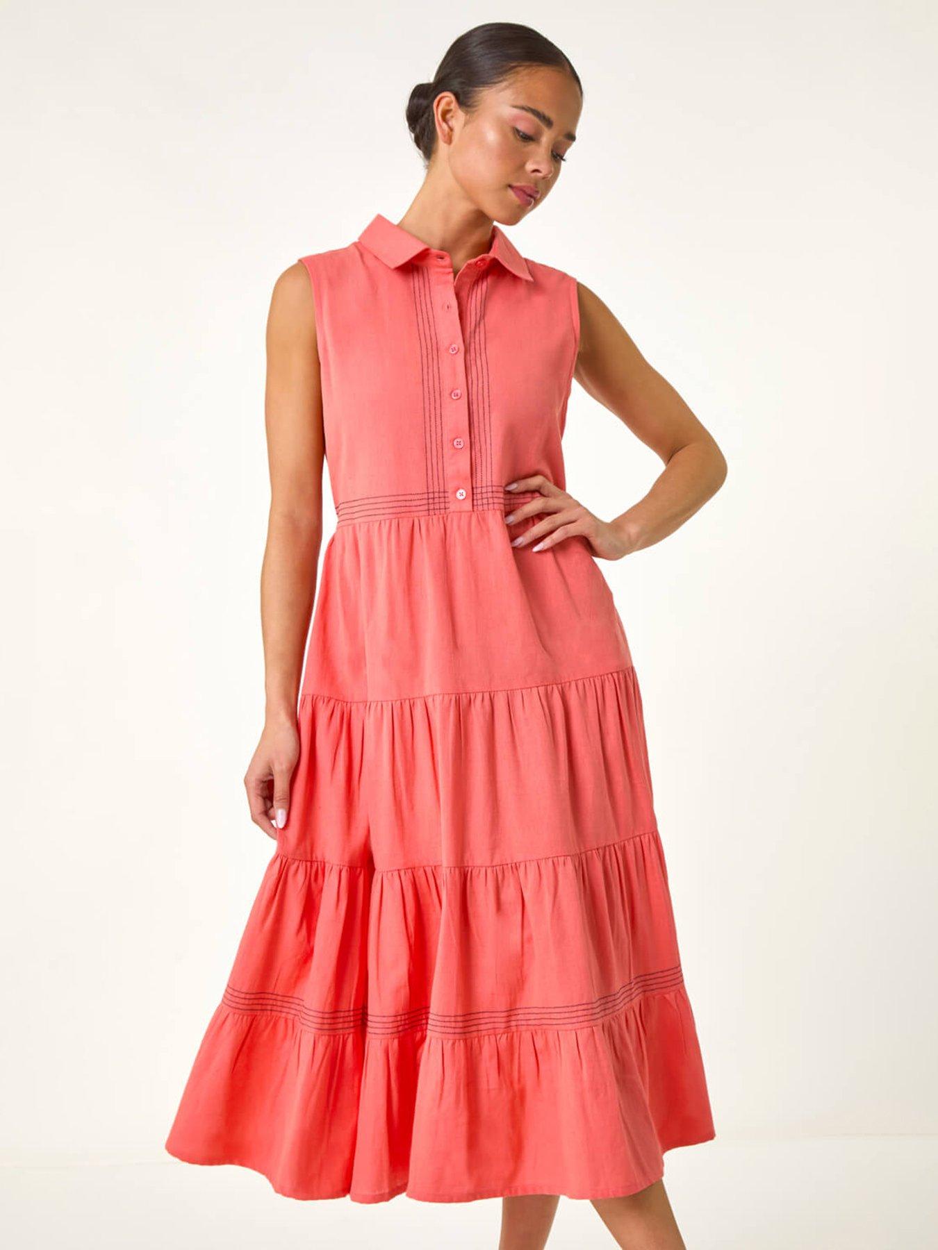  image of roman-petite-cotton-pocket-tiered-midi-dress-pink