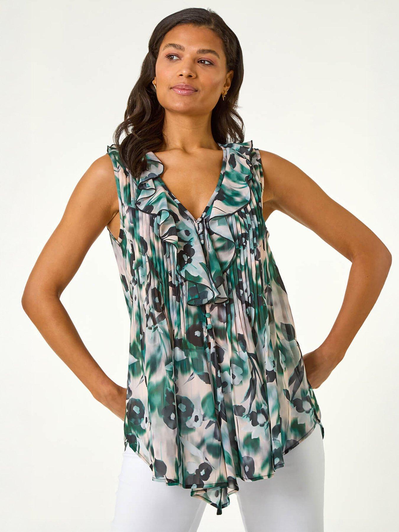 undefined Abstract Print Frill Pintuck Detail Top - Green