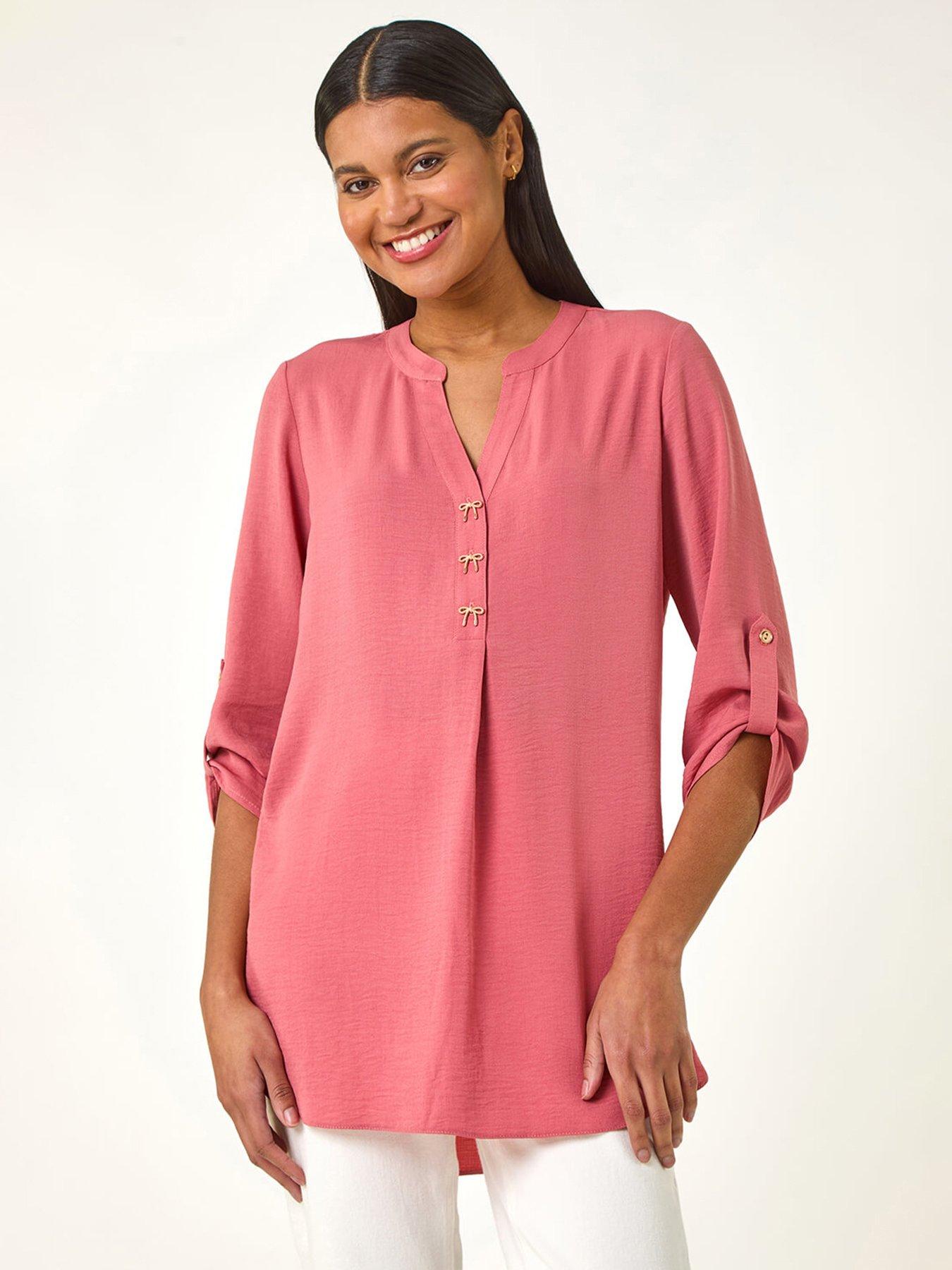 undefined Longline Bow Button Tunic Top - Pink