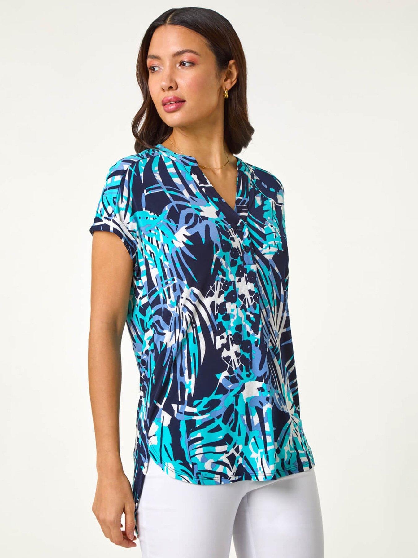 Roman Textured Abstract Print Top - Blue