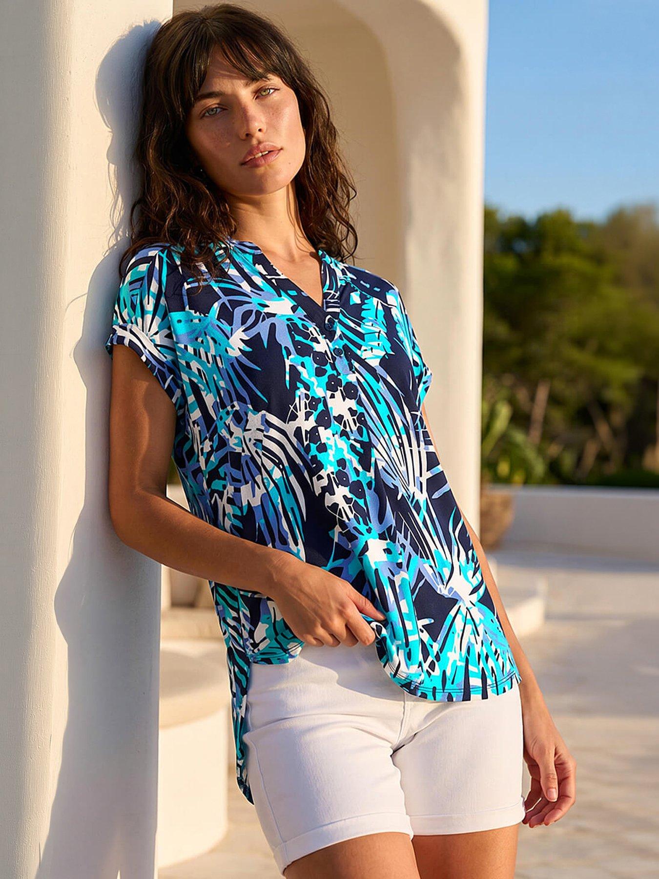Roman Textured Abstract Print Top - Blue
