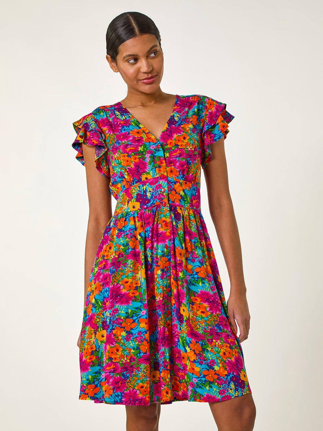 undefined Floral Print Button Frill Dress - Pink