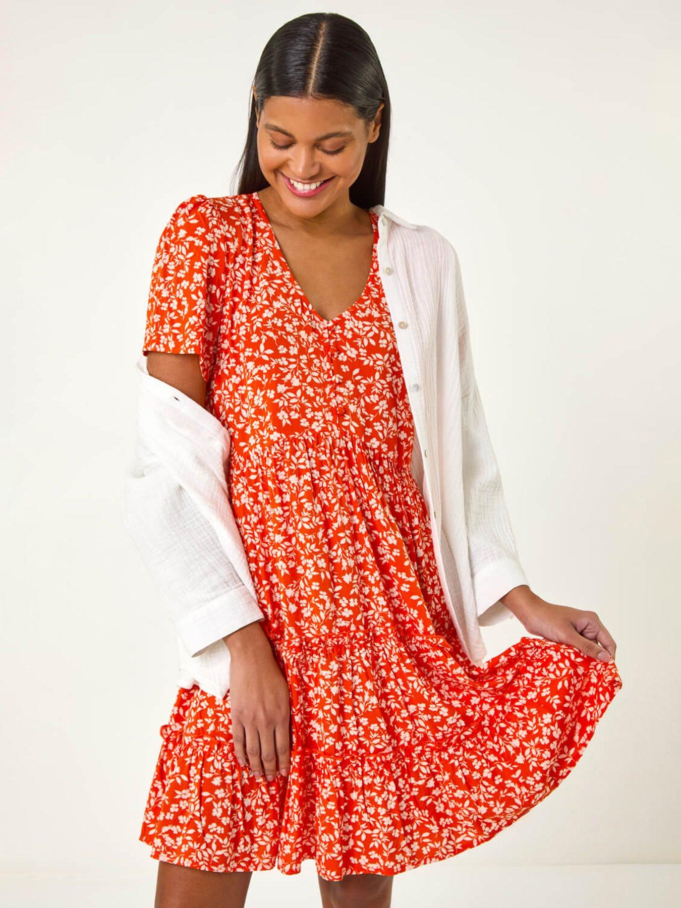 roman-floral-print-v-neck-smock-dress-orange