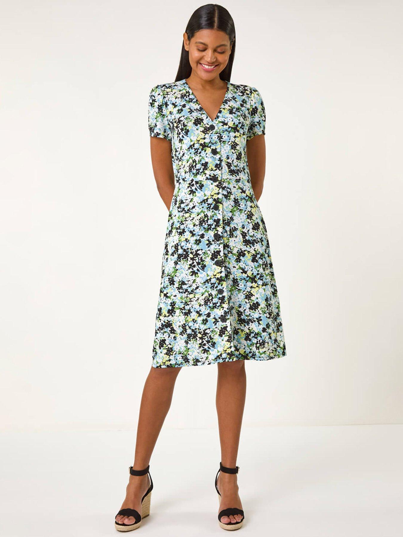 roman-floral-print-button-through-stretch-dress-blue