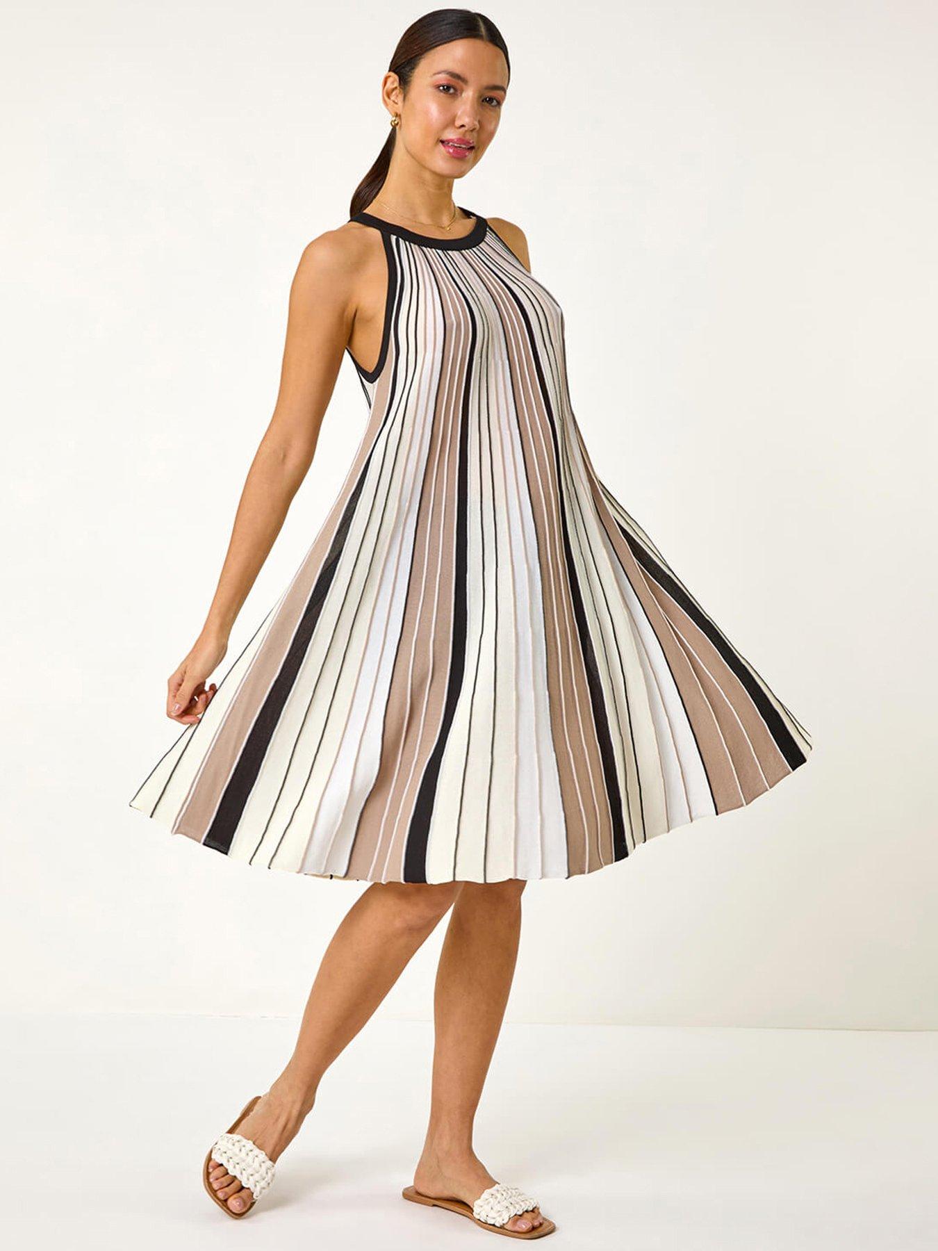 undefined Halter Neck Striped Knit Dress - Beige