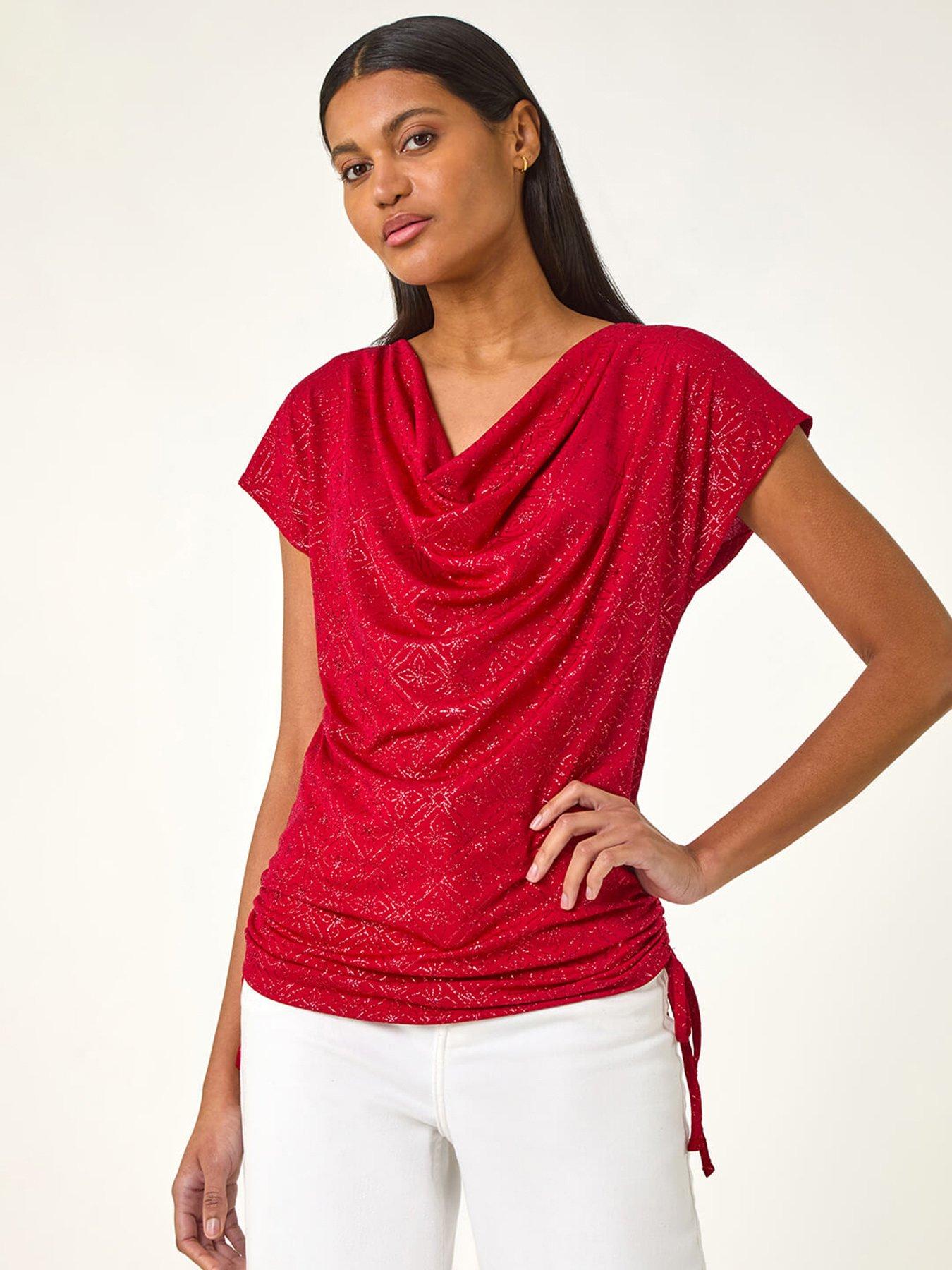 Image 1 of 5 of Roman Sparkle Cowl Neck Tie Side Top - Red