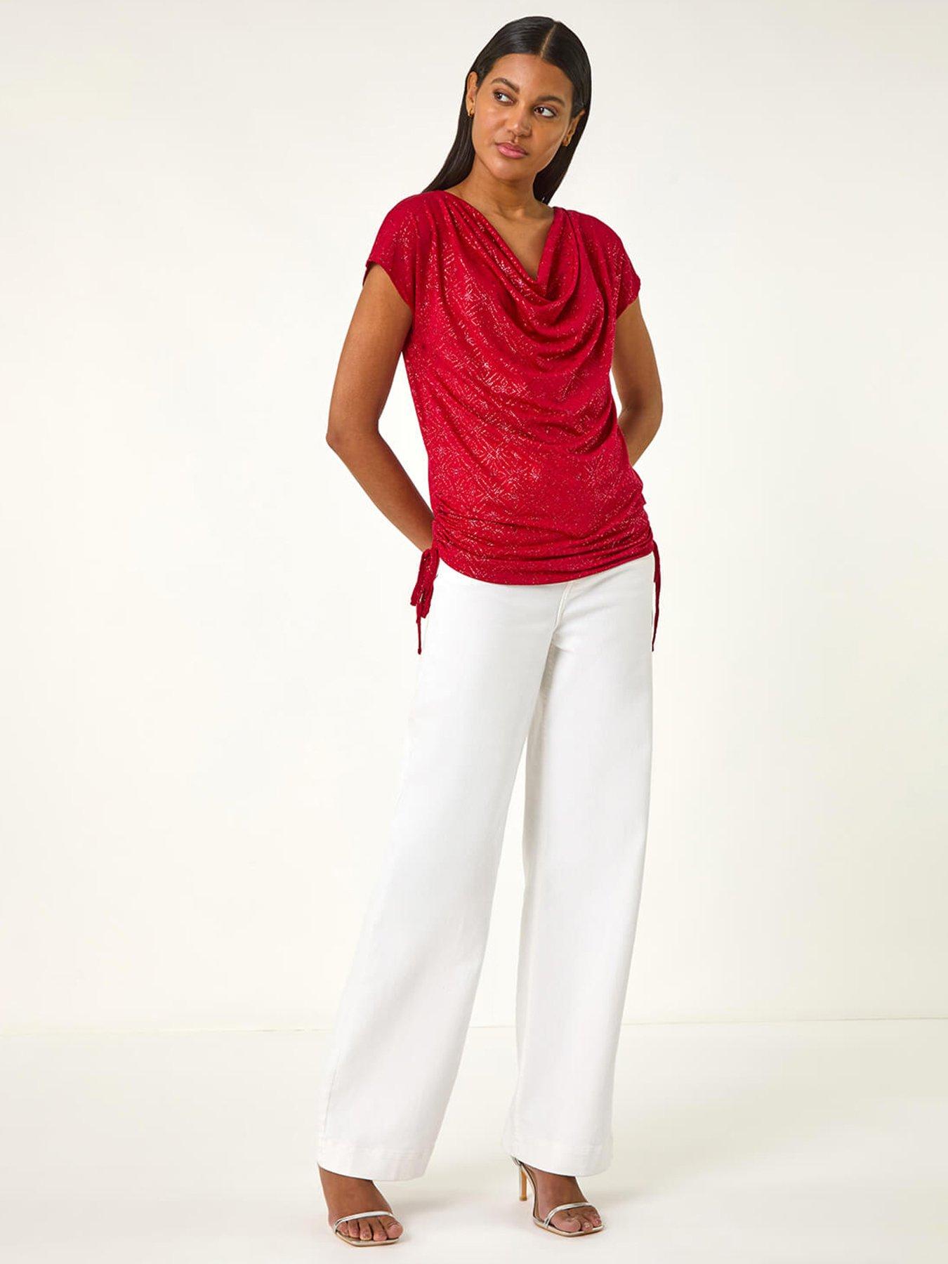 Image 3 of 5 of Roman Sparkle Cowl Neck Tie Side Top - Red