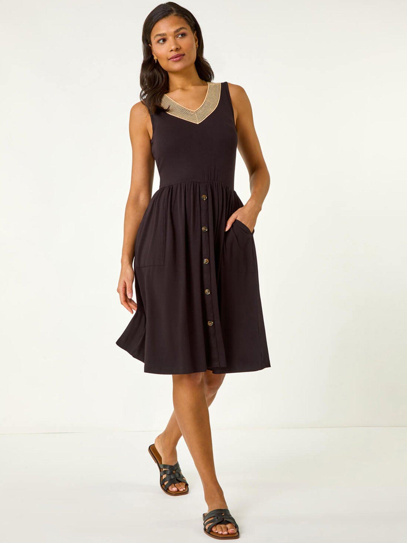 undefined Contrast V-neck Stretch Midi Dress - Black