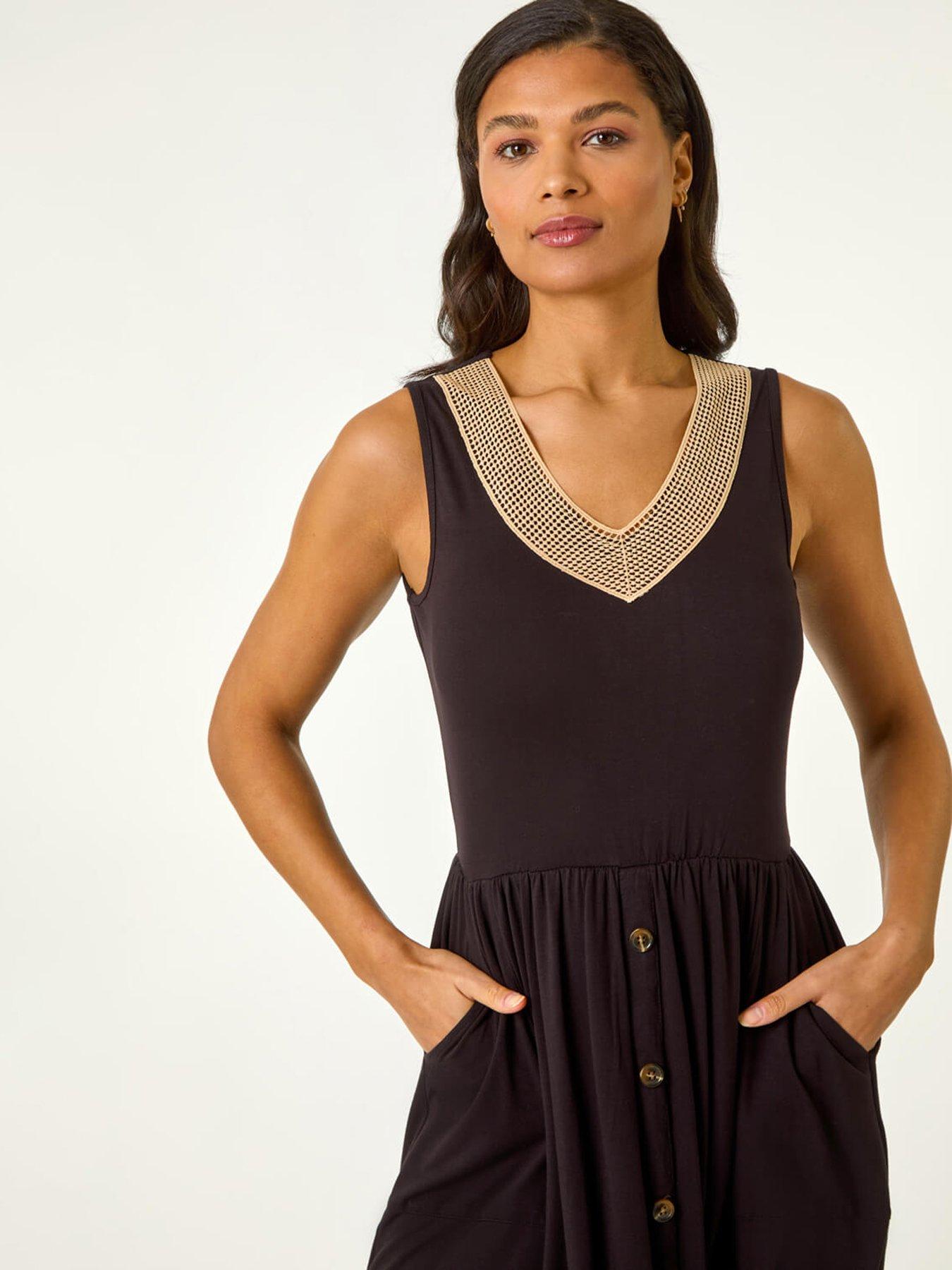 Image 4 of 5 of Roman Contrast V-neck Stretch Midi Dress - Black