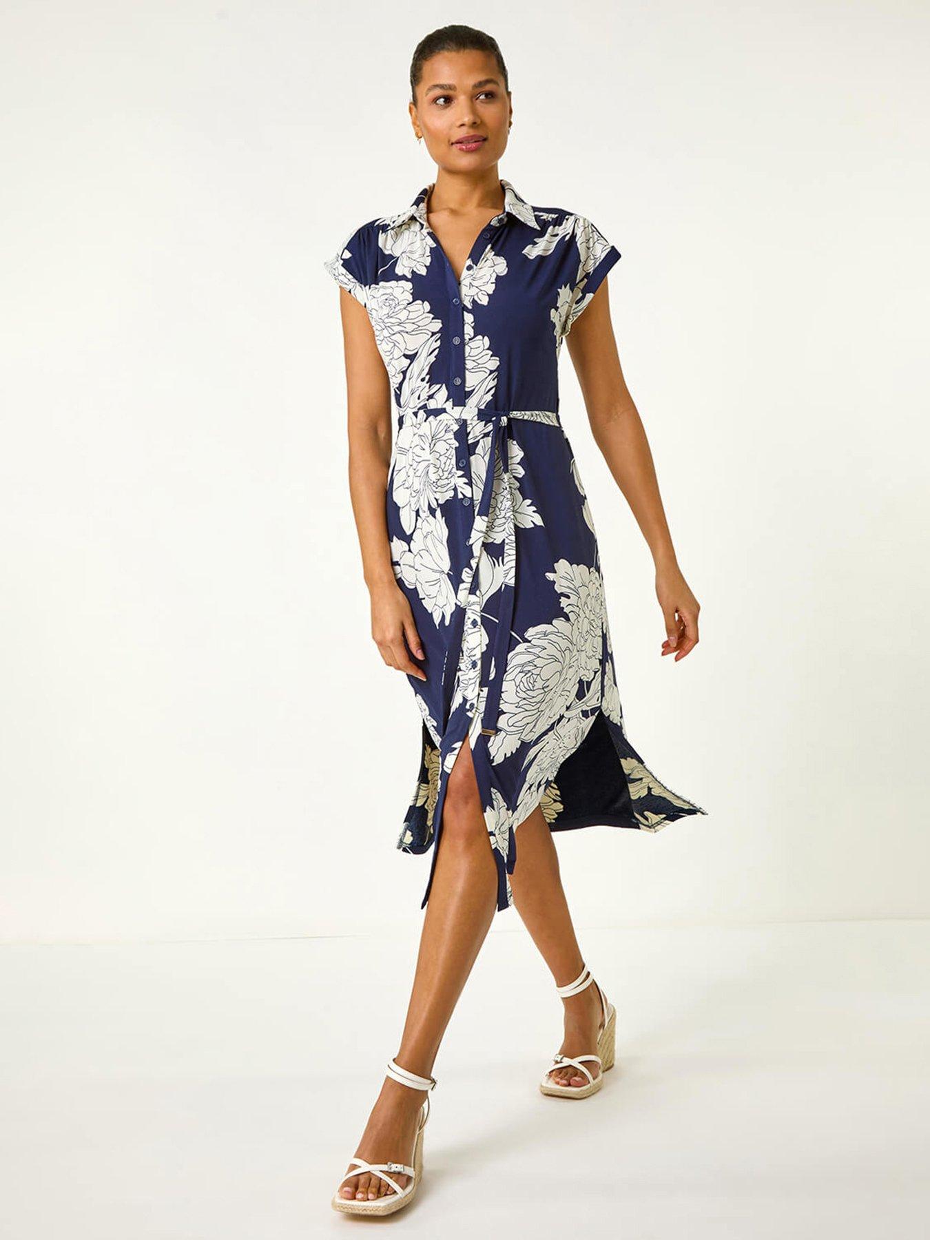 undefined Floral Print Stretch Shirt Dress - Navy
